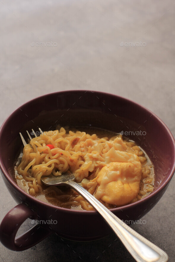 Indonesian Instant Noodles (Junk Food) with Cut Chillies Stock Photo by