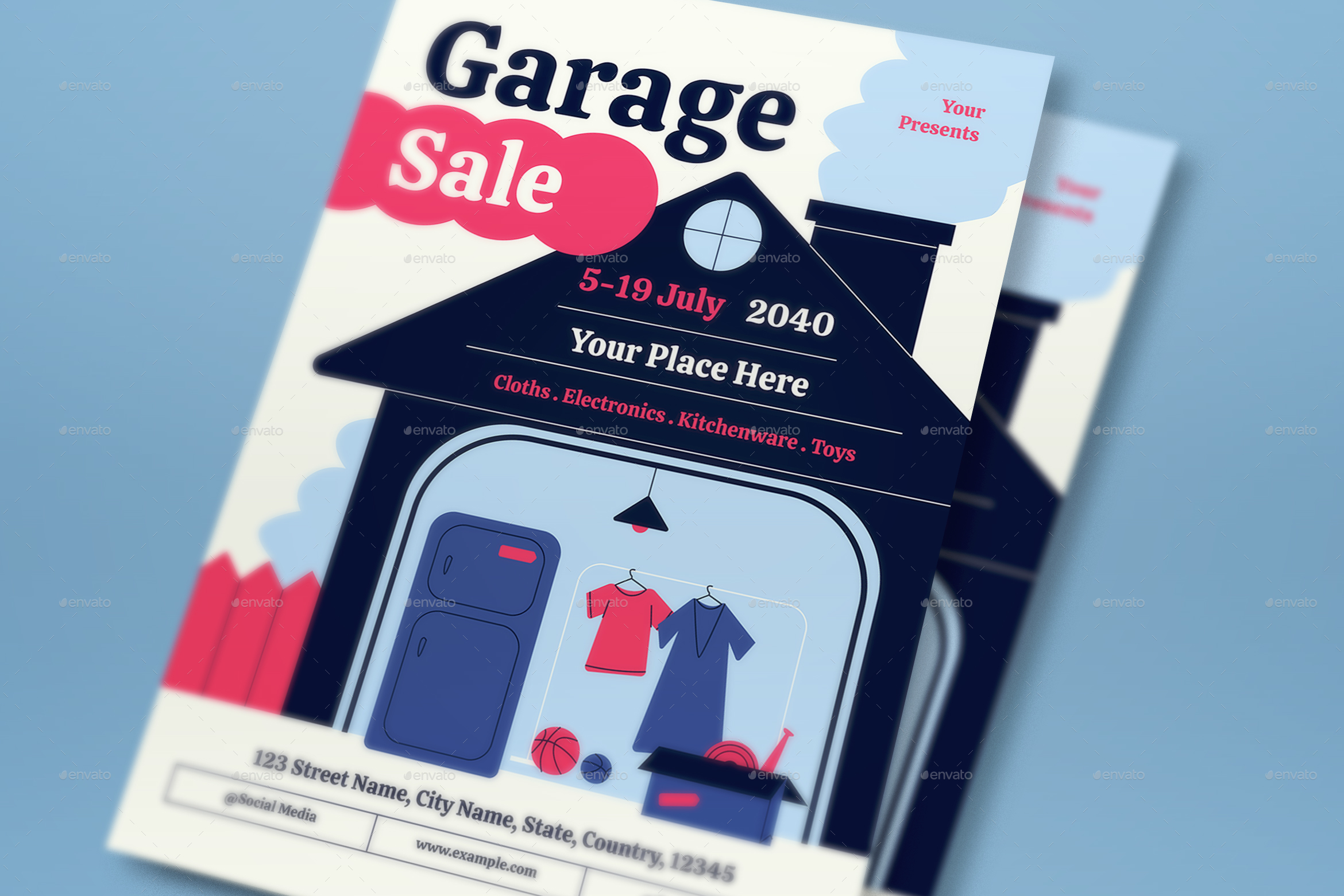Blue Flat Design Garage Sale Flyer Set, Print Templates GraphicRiver