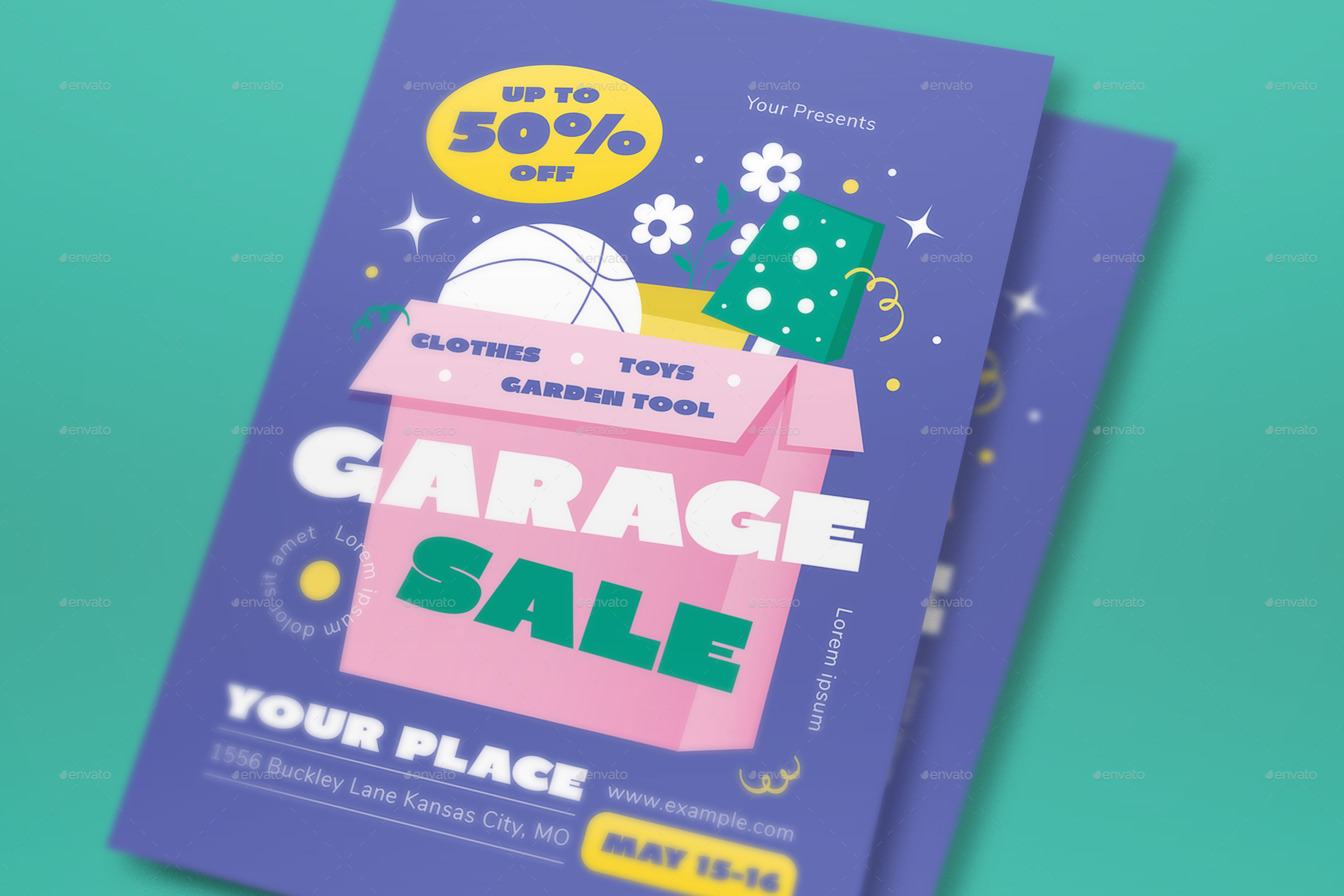 Purple Flat Design Garage Sale Flyer Set, Print Templates GraphicRiver