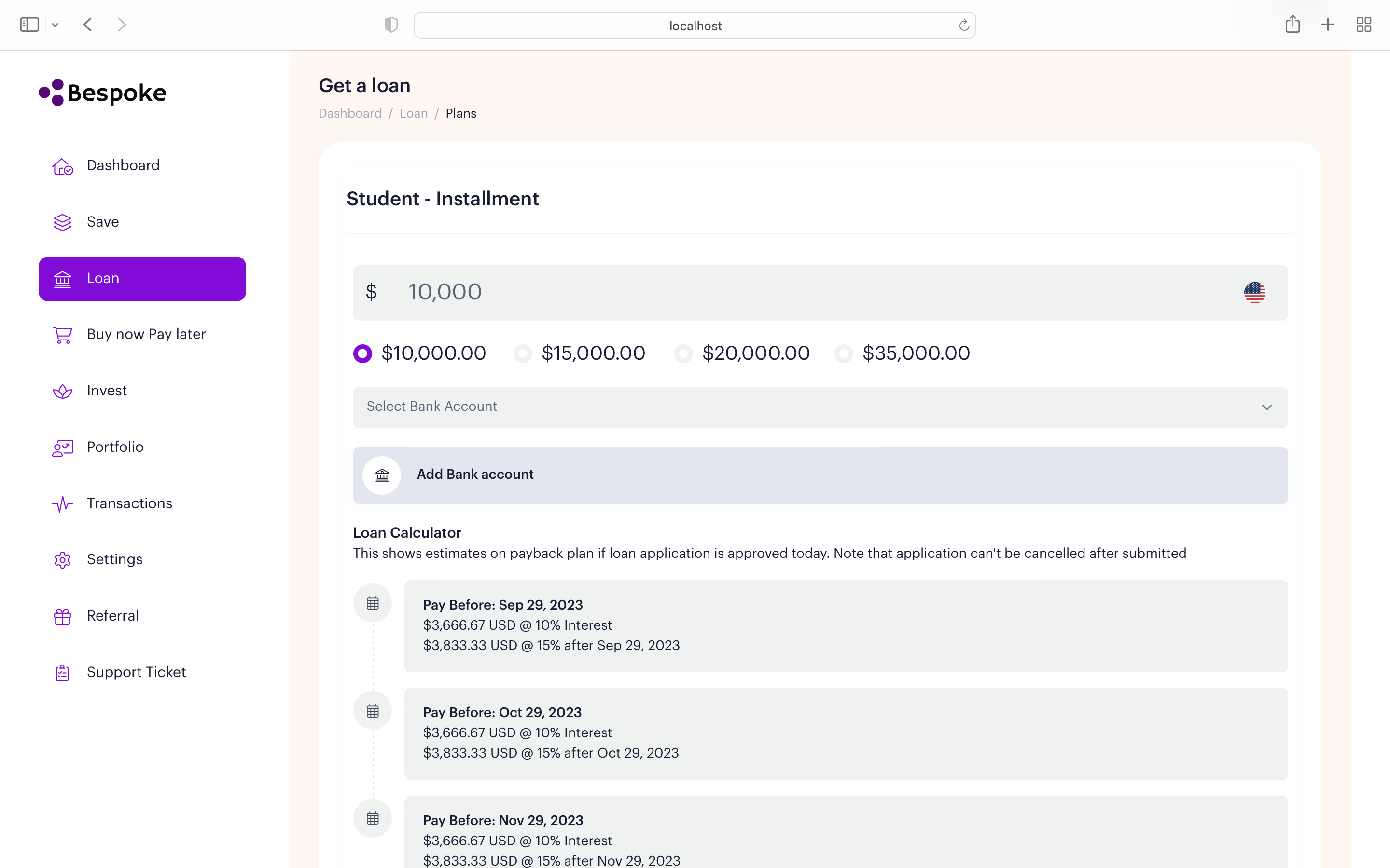 Bespoke Financial solution platform