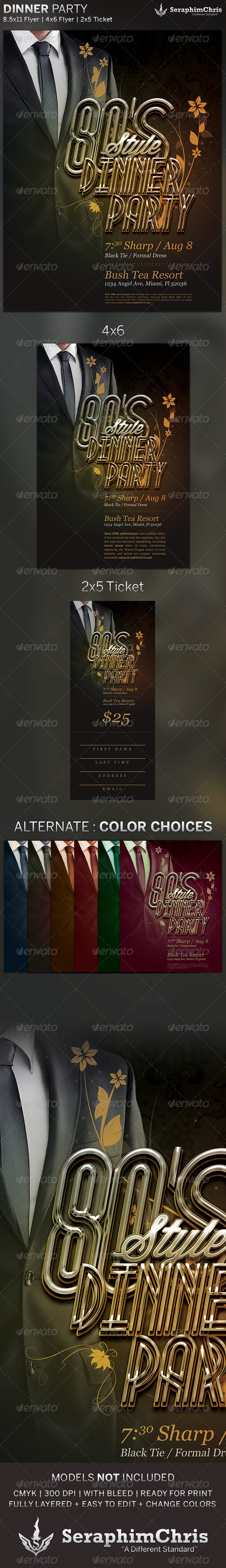 80's Dinner Party Flyer and Ticket Template by SeraphimChris