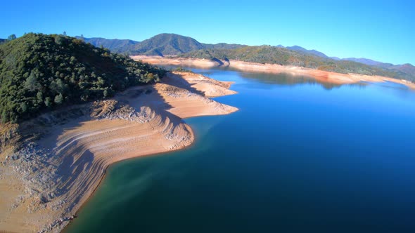 Shasta Lake Water Reservoir Aerial View Showing Low Water Levels During