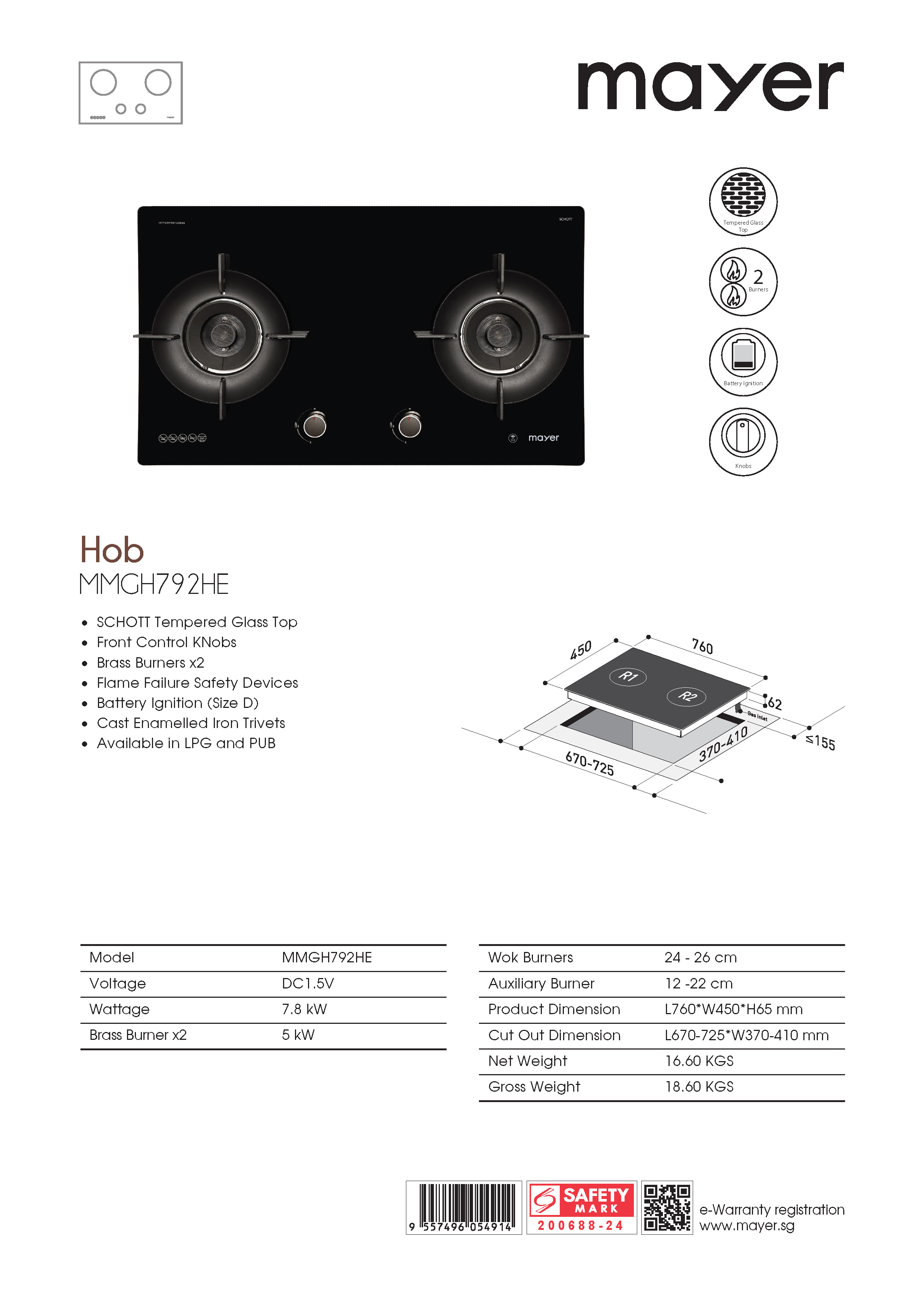 MAYER GAS HOB 2 BURNERS MMGH792HE Gain City Singapore