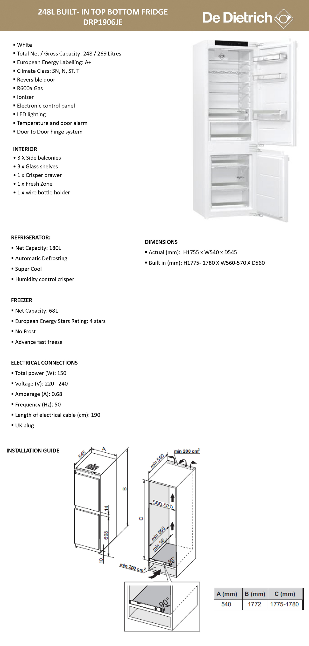 DE DIETRICH TOP BOTTOM FRIDGE DRP1906JE Gain City Singapore