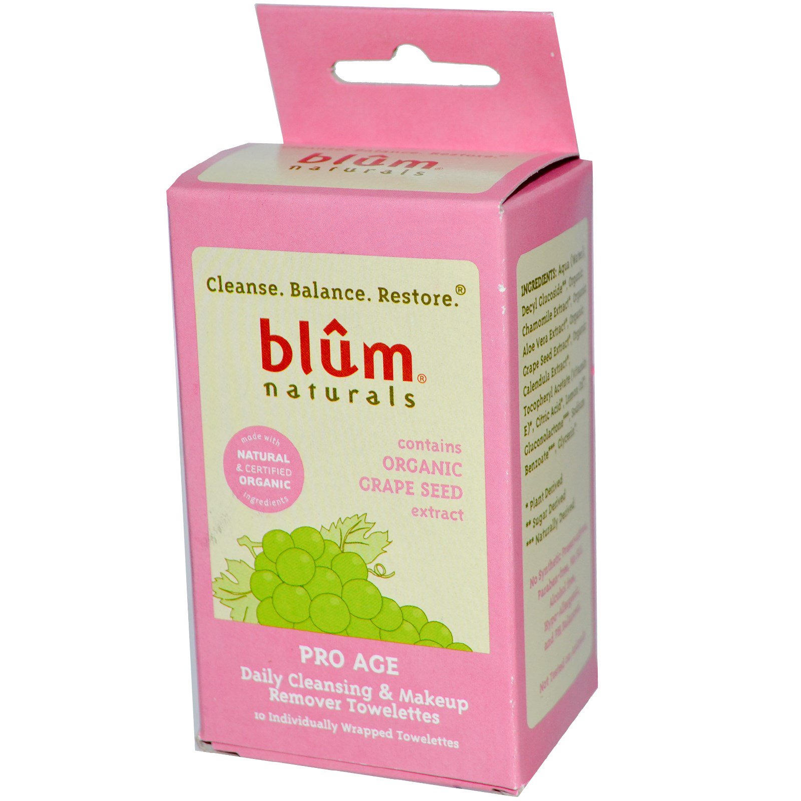 Blum Naturals, Daily Cleansing & Makeup Remover Towelettes, Pro Age