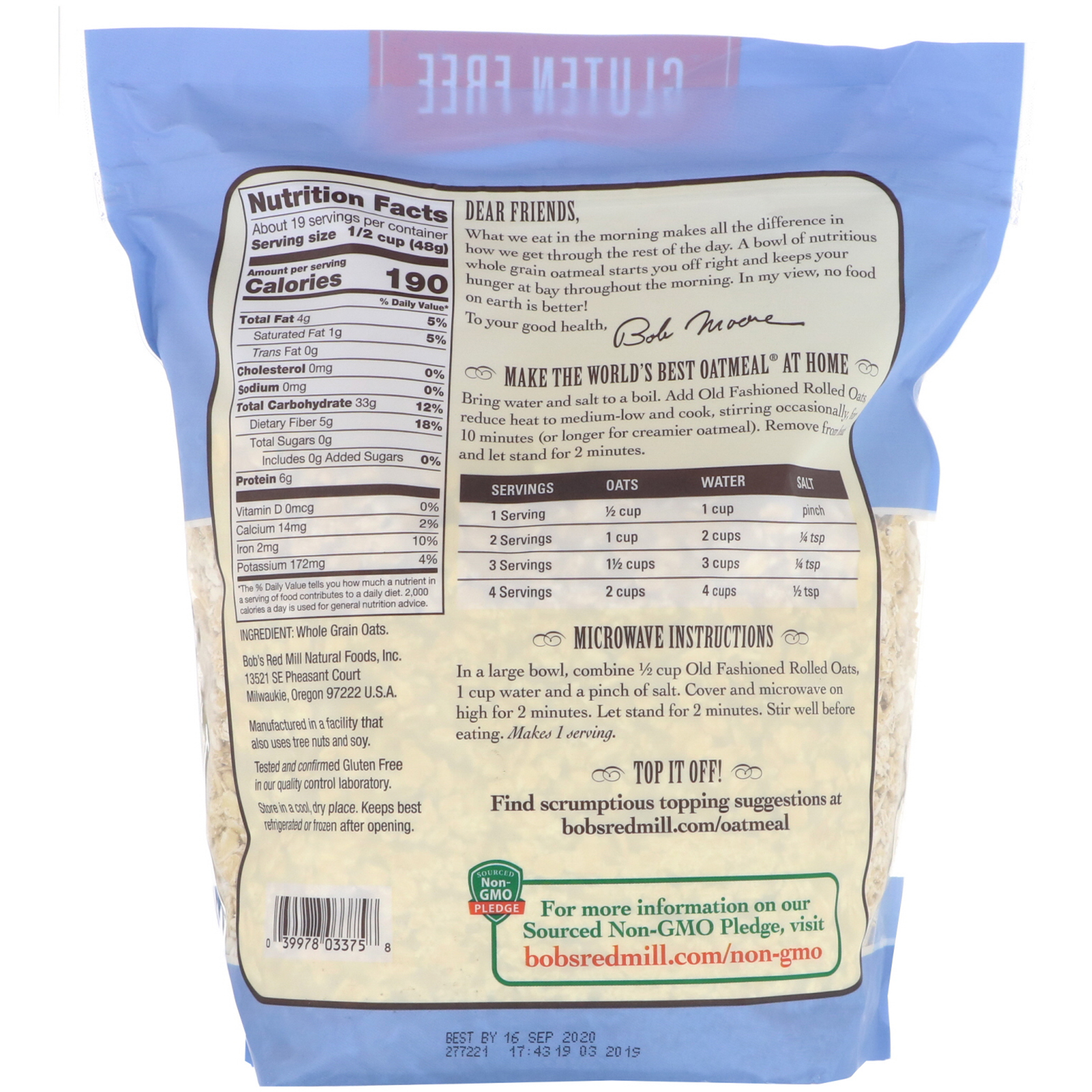 Bob's Red Mill, Old Fashioned Rolled Oats, Whole Grain, Gluten Free, 32