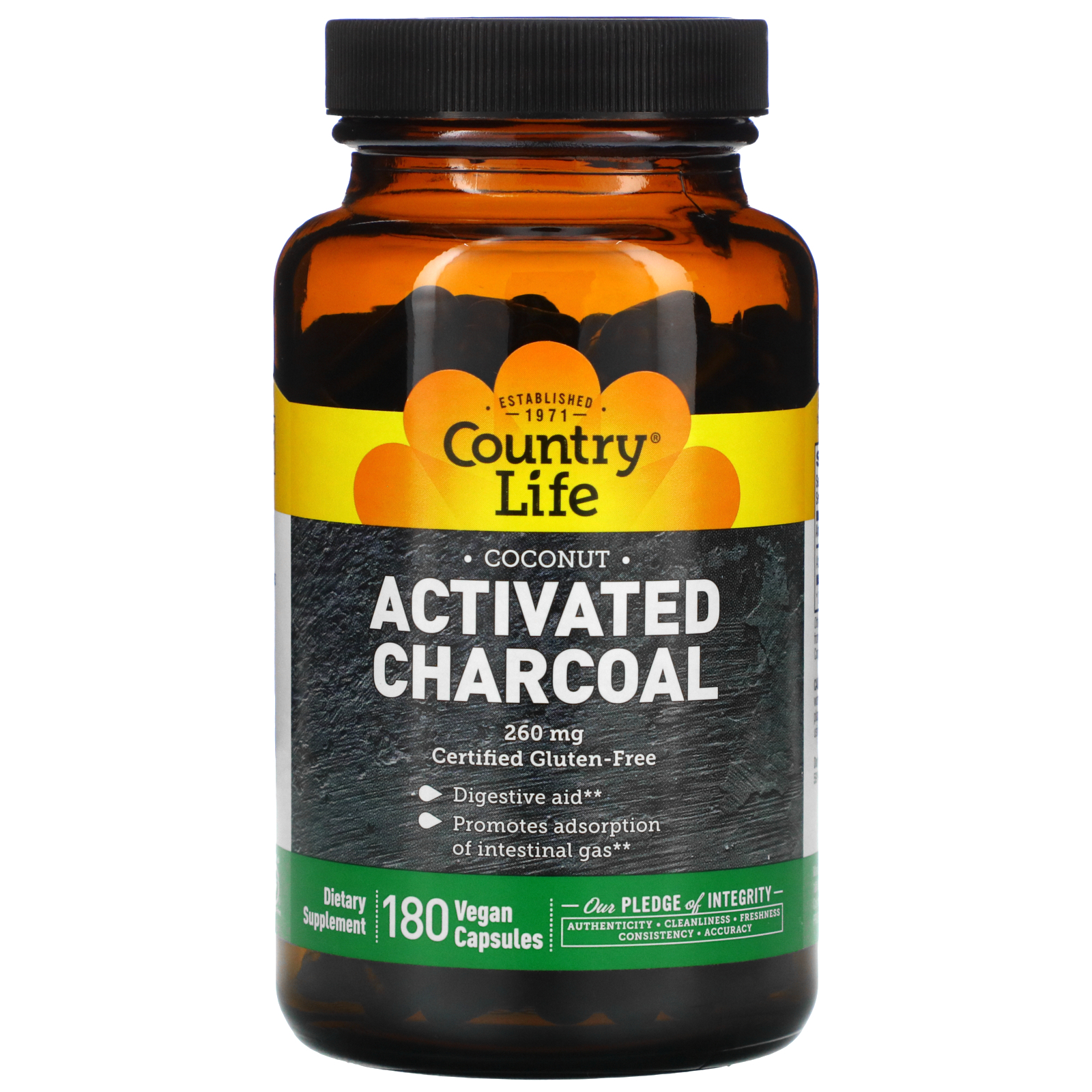 Country Life, Activated Charcoal, 260 mg, 180 Vegan Capsules iHerb