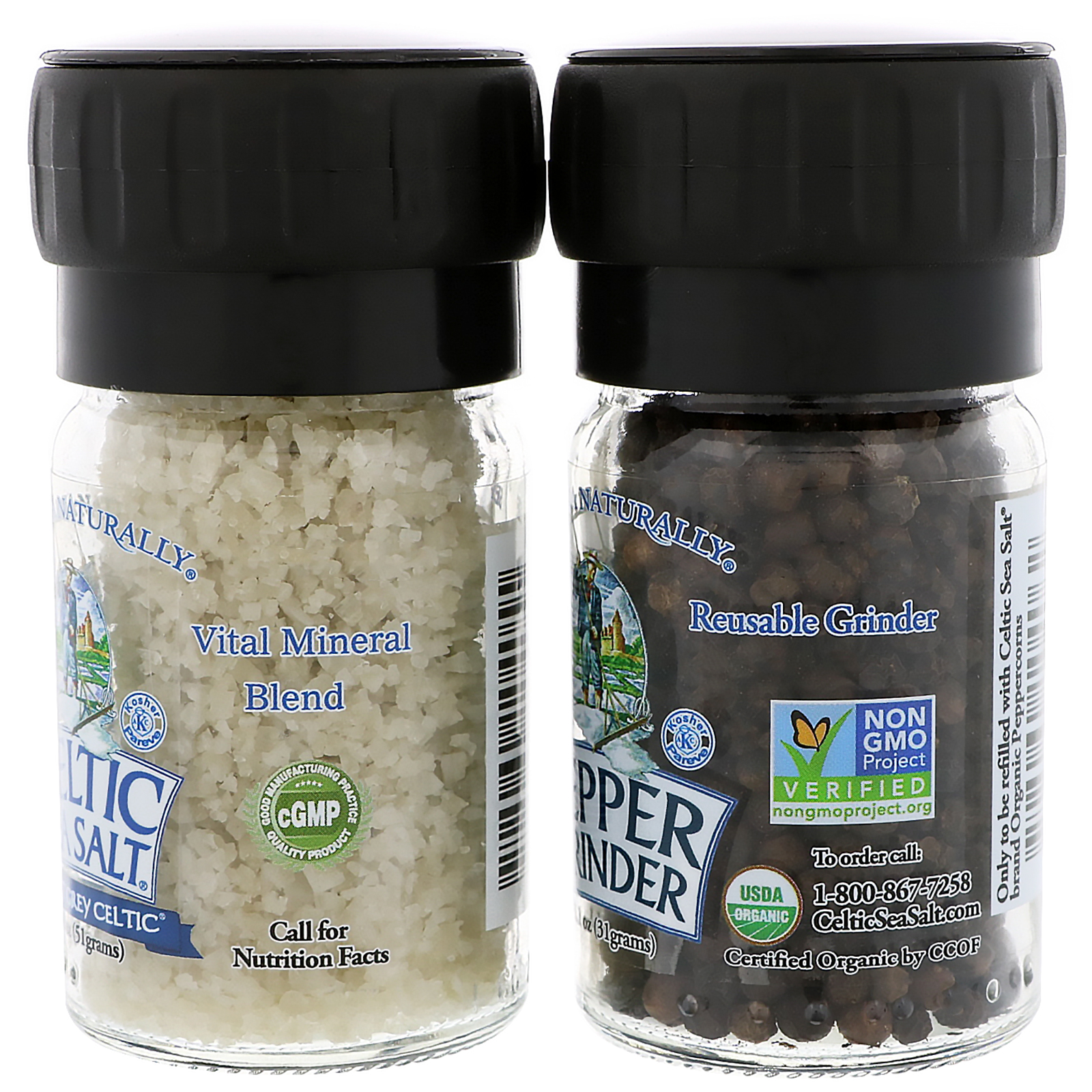 Celtic Sea Salt, Mini Mixed Grinder Set, Light Grey Celtic Salt
