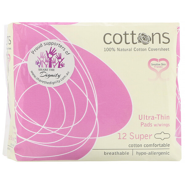 Cottons, 100 Natural Cotton Coversheet, UltraThin Pads with Wings, Super, 12 Pads iHerb
