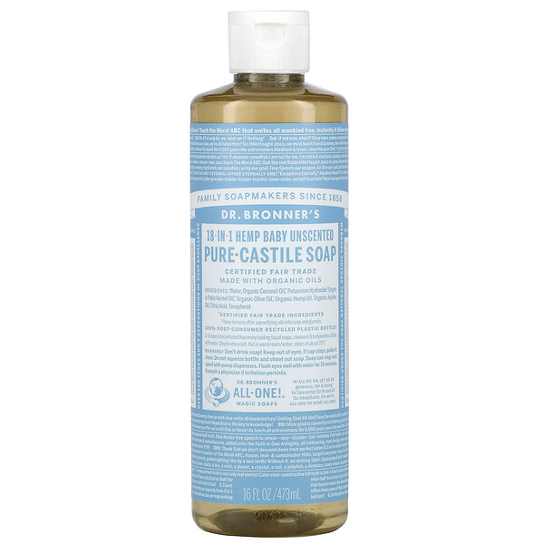 Dr. Bronner's, 18in1 Hemp PureCastile Soap, Baby Unscented, 16 fl oz (473 ml)