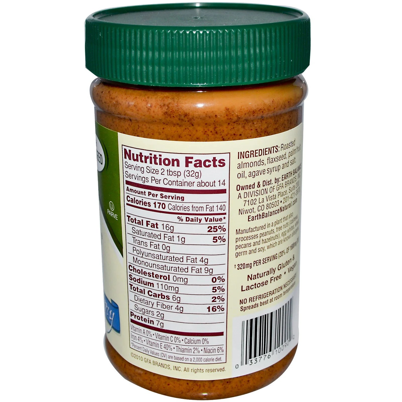 Earth Balance, Natural Almond Butter with Flaxseed, Creamy, 1 lb (453 g