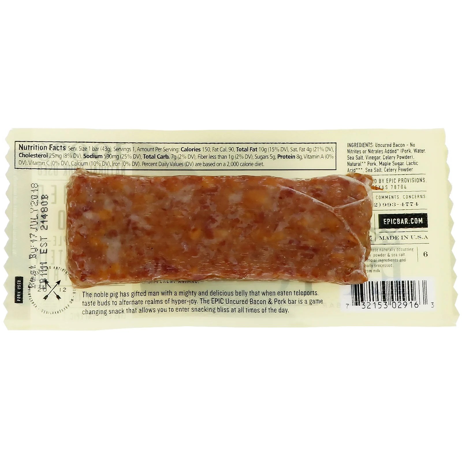 Epic Bar, Uncured Bacon, Pork + Maple Bar, 12 Bars, 1.5 oz (43 g) Each