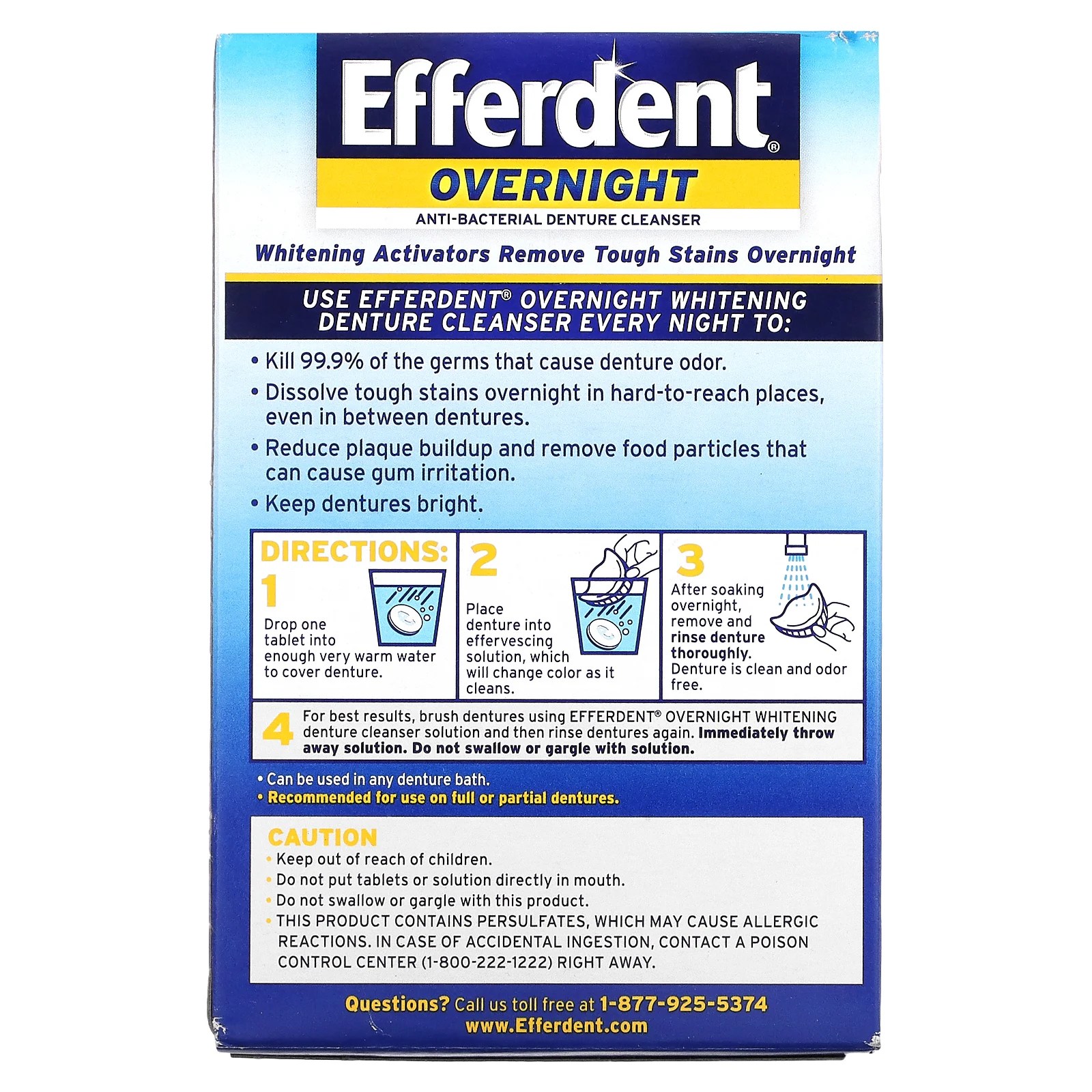 Efferdent, AntiBacterial Denture Cleanser, Overnight Whitening, 90 Tablets