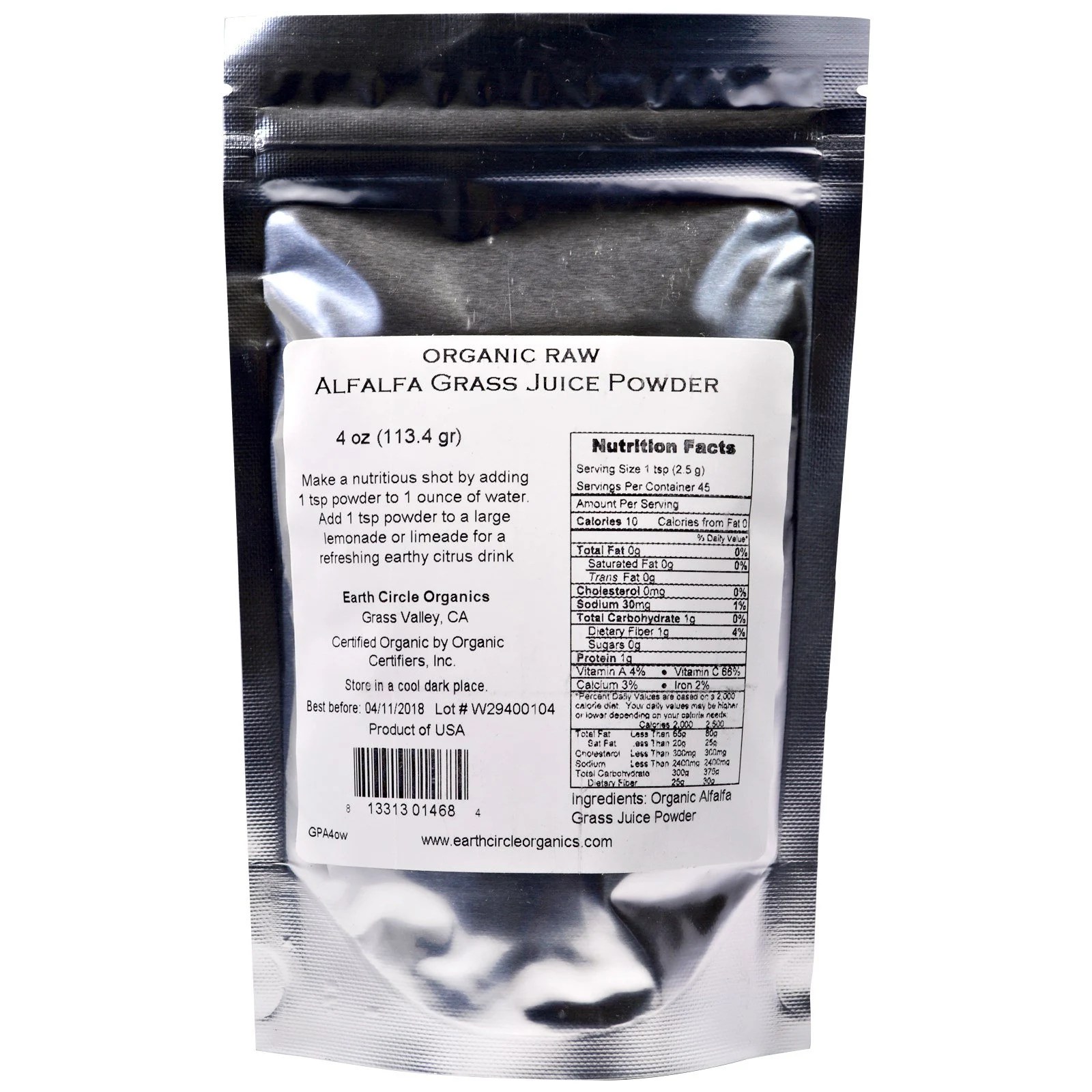 Earth Circle Organics, Raw Organic Dehydrated Alfalfa Grass Juice