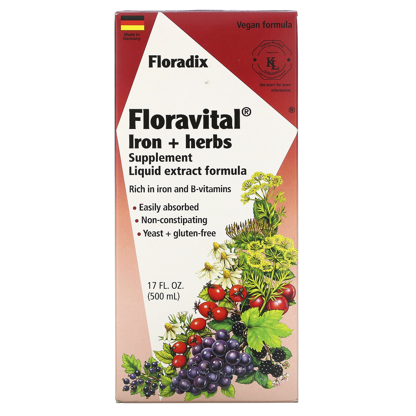 Flora, Floradix, Floravital Iron + Herbs Supplement, Liquid Extract