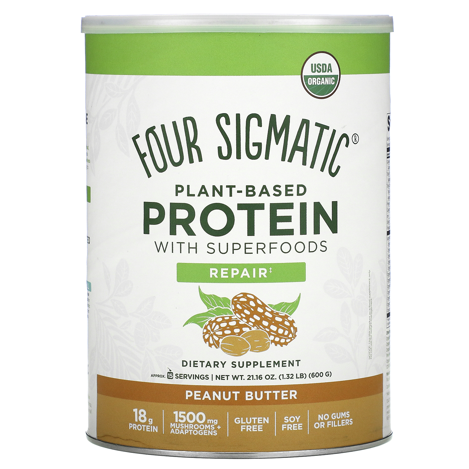 Four Sigmatic, PlantBased Protein with Superfoods, Peanut Butter, 1.32