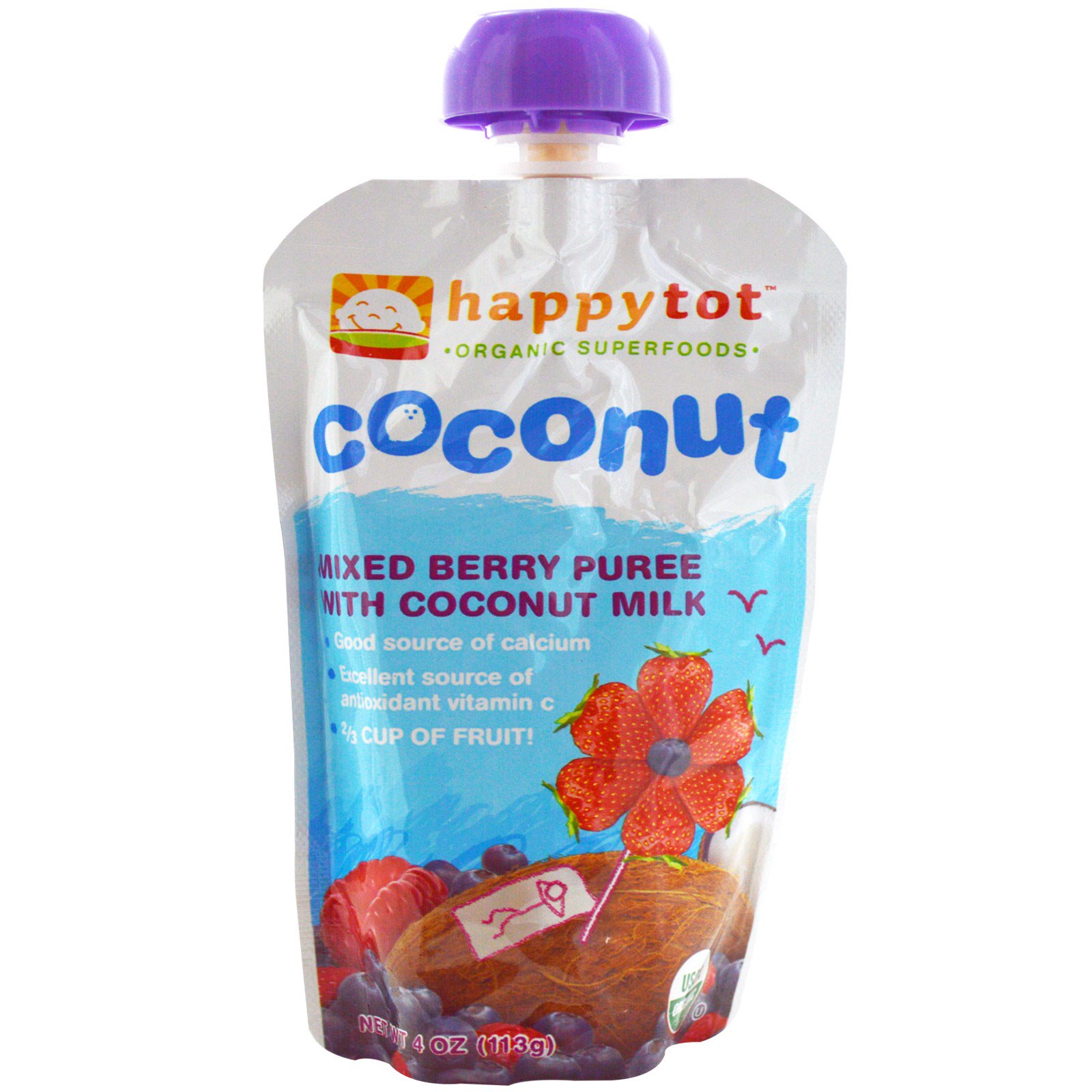 Happy Family Organics, Happytot, Organic Superfoods, Coconut, Mixed Berry Puree with Coconut