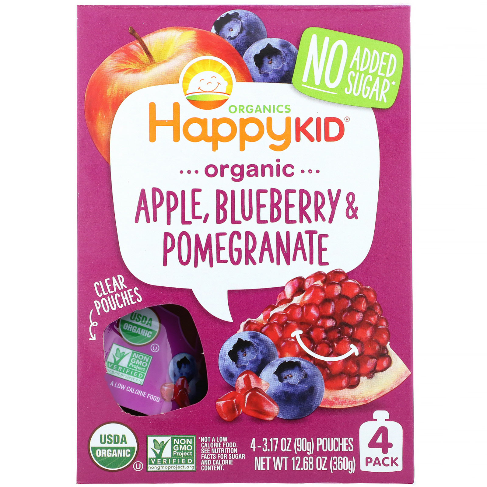 Happy Family Organics, Happy Kid, Organic Apple, Blueberry & Pomegranate, 4 Pouches, 3.17 oz (90