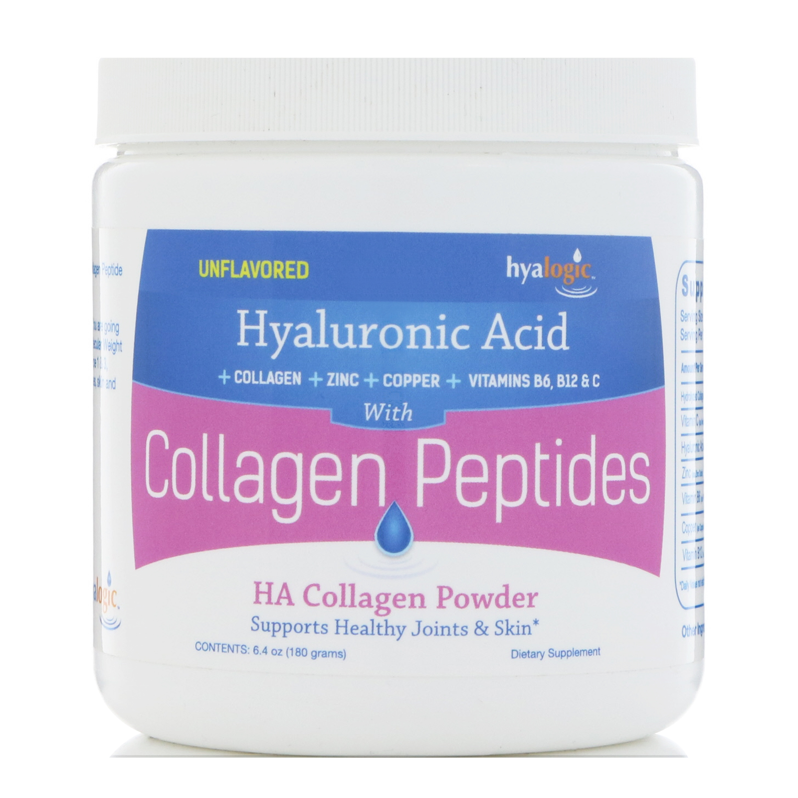 Hyalogic, HA Collagen Powder, Hyaluronic Acid with Collagen Peptides, Unflavored, 6.4 oz (180 g