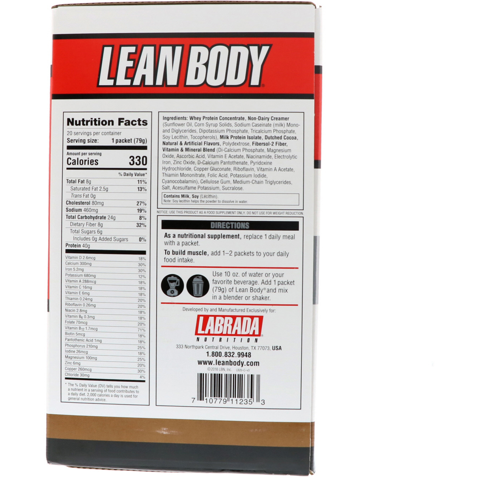 Labrada Nutrition, Lean Body, HiProtein Meal Replacement Shake