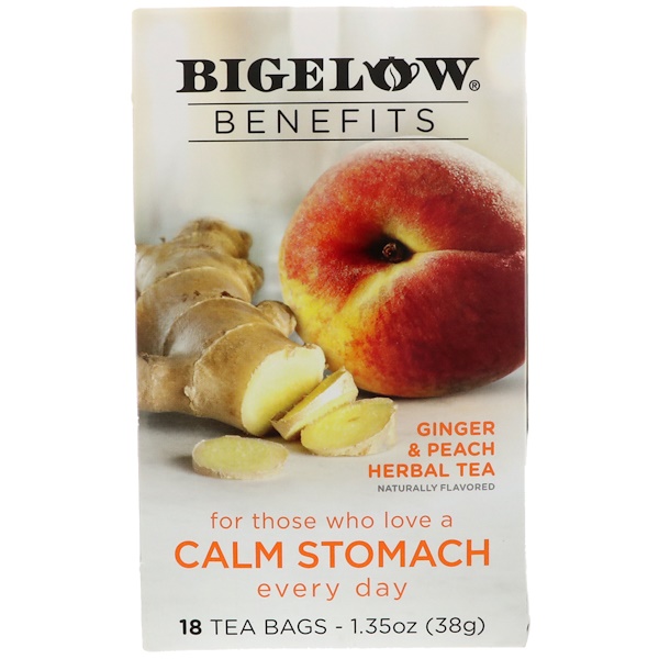 Bigelow, Calm Stomach, Ginger & Peach Herbal Tea, 18 Tea Bags, 1.35 oz