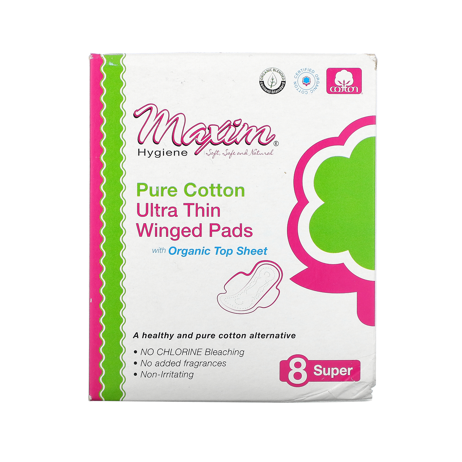 Maxim Hygiene Products, Pure Cotton, Ultra Thin Winged Pads, Super, 8