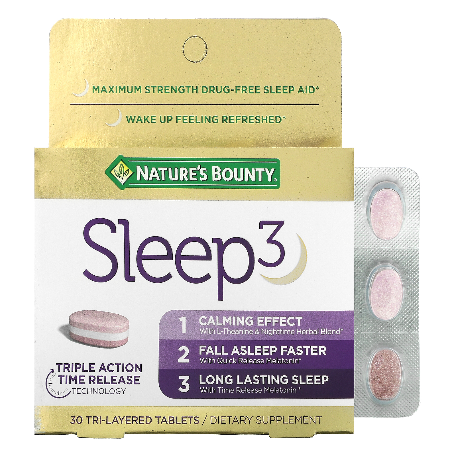 Nature's Bounty, Sleep 3, Maximum Strength, DrugFree Sleep Aid, 30 Tri