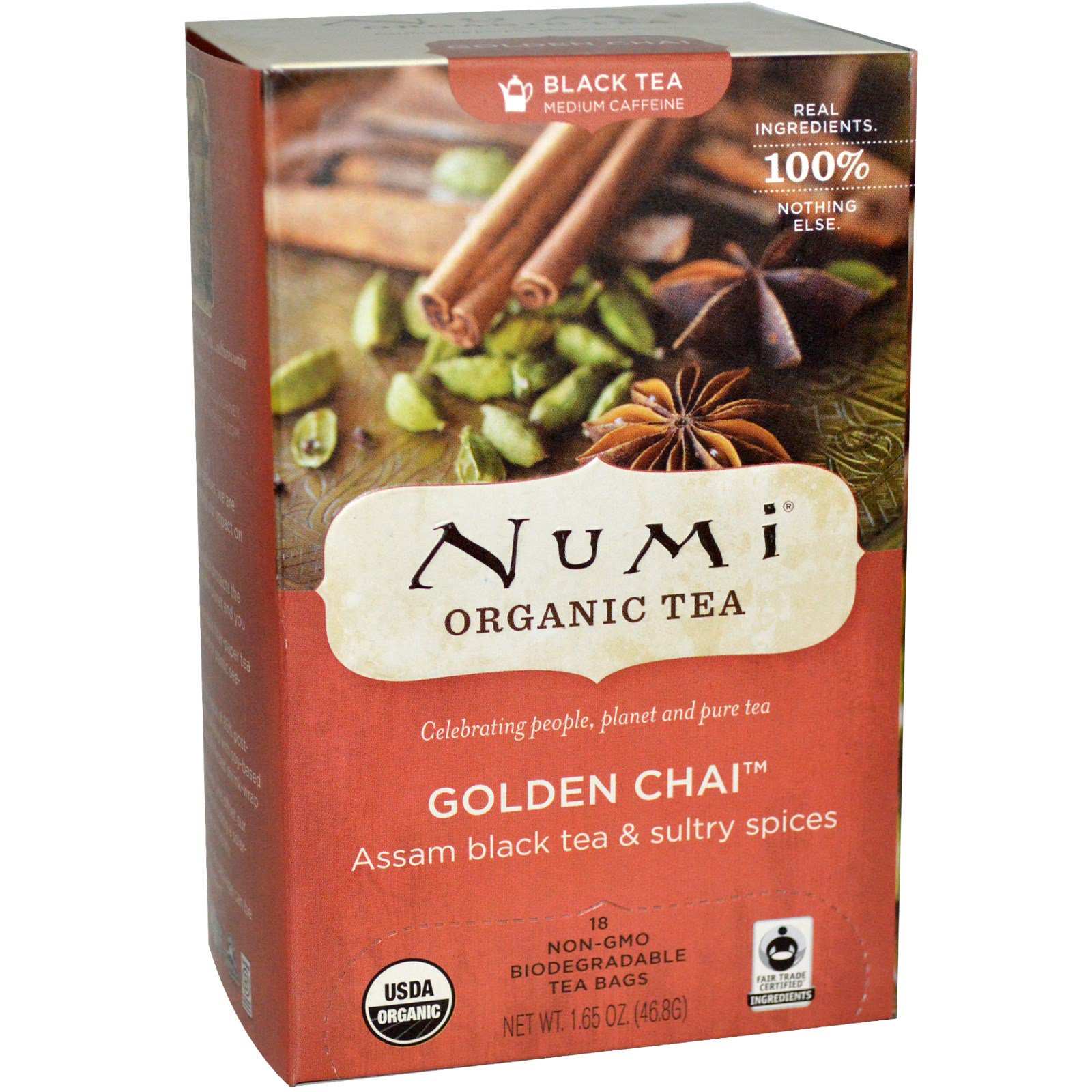 Numi Tea, Organic Black Tea, Medium Caffeine, Golden Chai, 18 Tea Bags