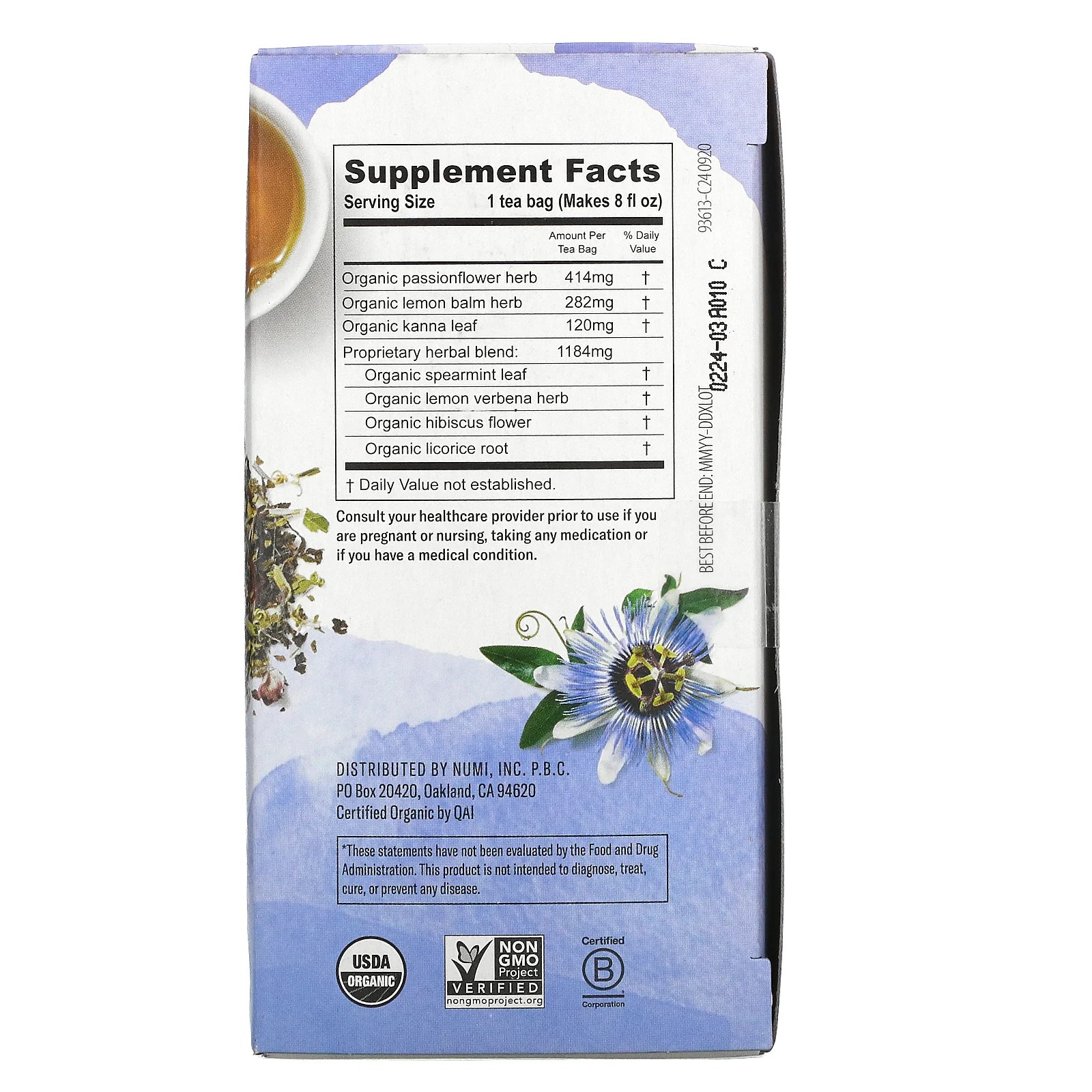 Numi Tea, Organic, DeStress, Caffeine Free, 16 Tea Bags, 1.13 oz (32 g)