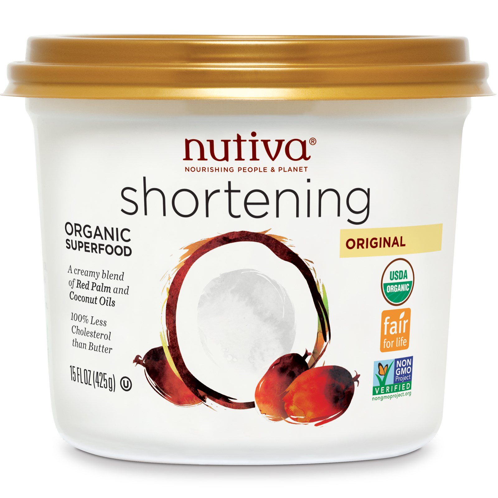 Nutiva, Organic Shortening, Original, Red Palm and Coconut Oils, 15 oz
