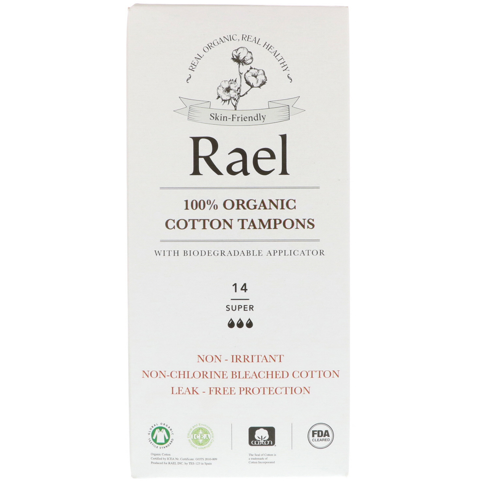 Rael, 100 Organic Cotton Tampons With Biodegradable Applicator, Super