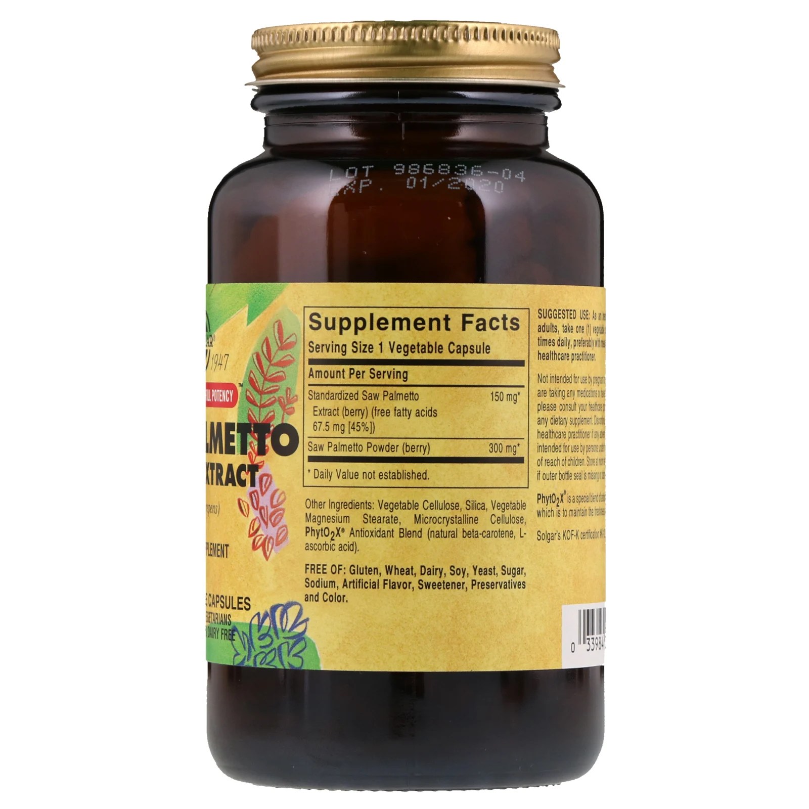 Solgar, Saw Palmetto Berry Extract, 180 Vegetable Capsules iHerb