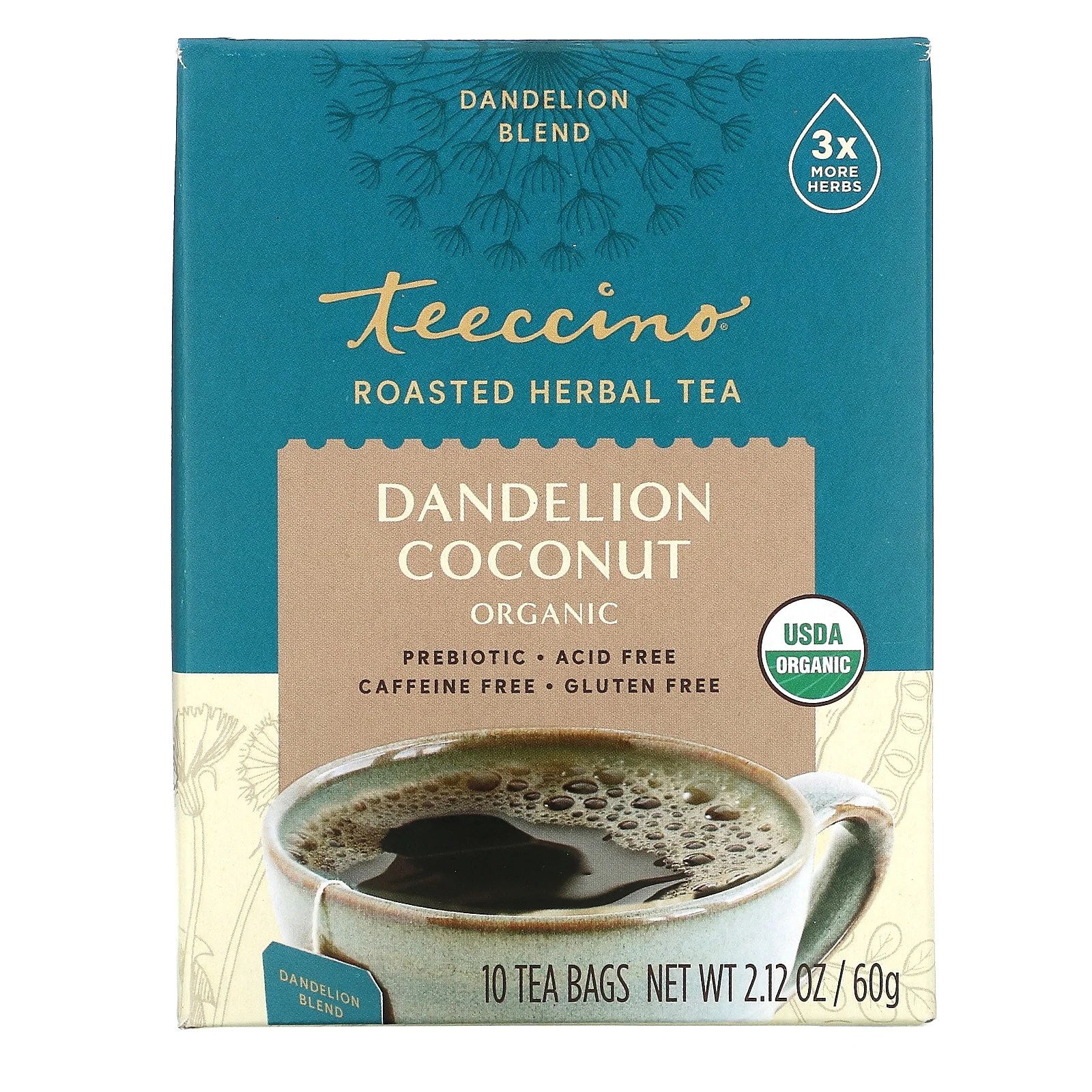 Teeccino, Organic Roasted Herbal Tea, Dandelion Coconut, Caffeine Free