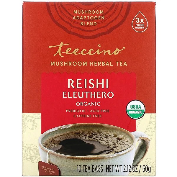 Teeccino, Mushroom Herbal Tea, Organic Reishi Eleuthero, French Roast