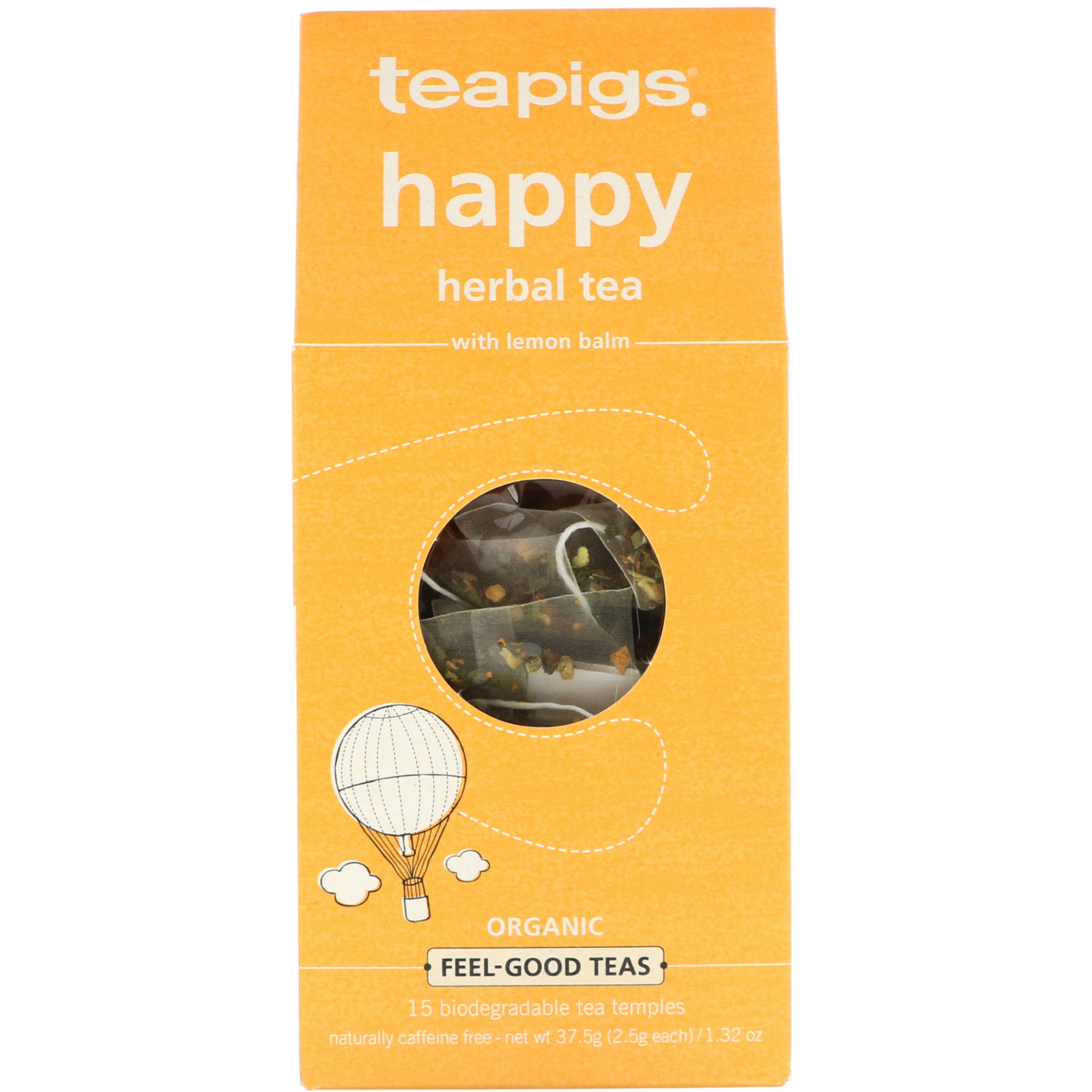 TeaPigs, Happy Herbal Tea with Lemon Balm, CaffeineFree, 15 Tea Temples, 1.32 oz (37.5 g) iHerb