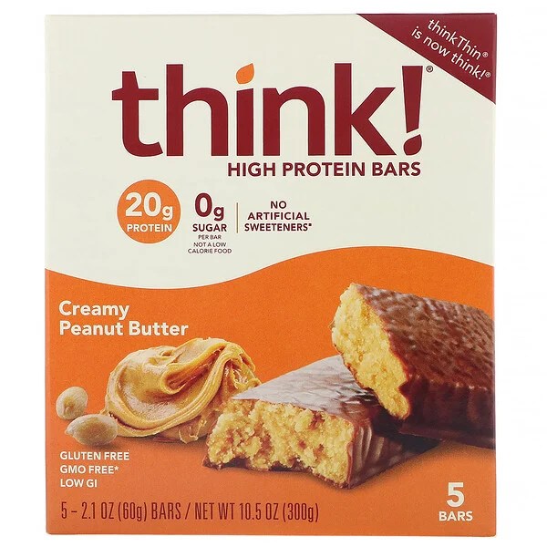 Think !, High Protein Bars, Creamy Peanut Butter, 5 Bars, 2.1 oz (60 g