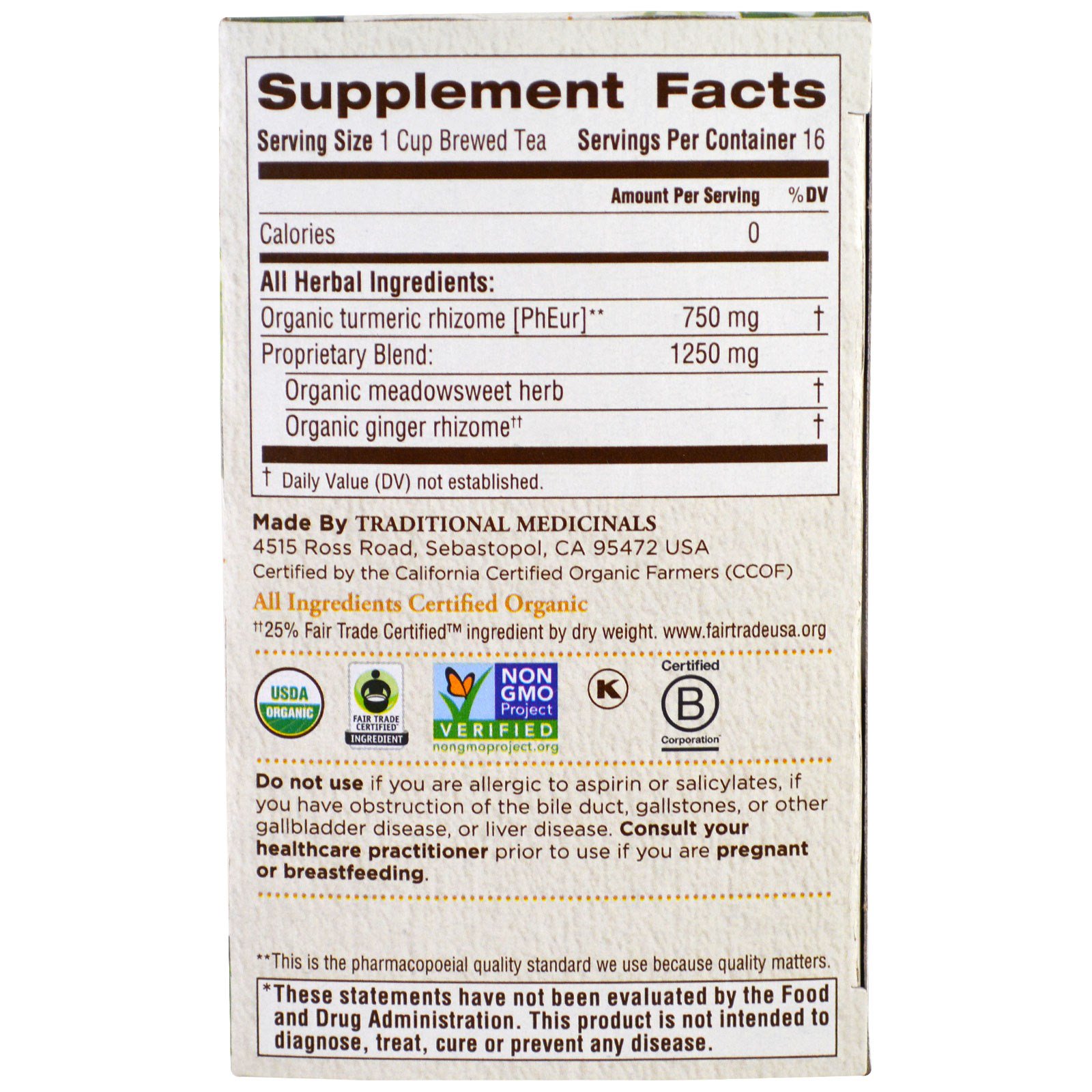 Traditional Medicinals, Organic Turmeric with Meadowsweet & Ginger , 16