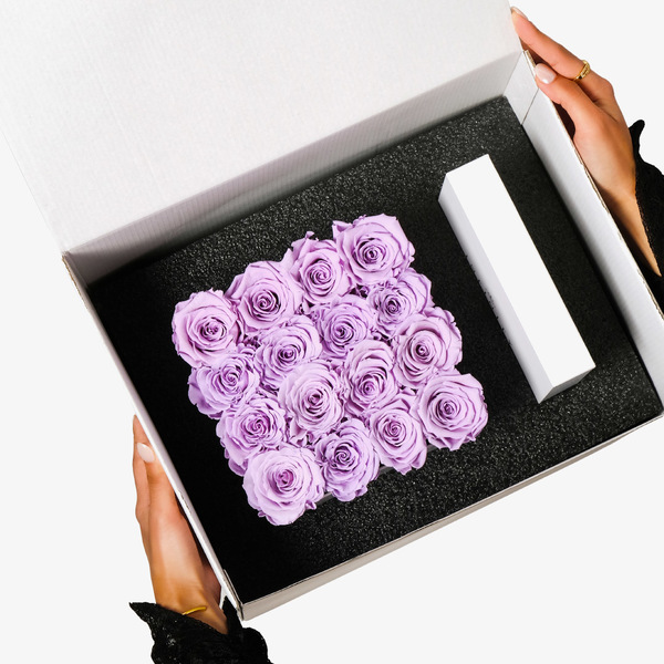 16 Preserved Baby Blue Roses in Black Box Infinity Roses