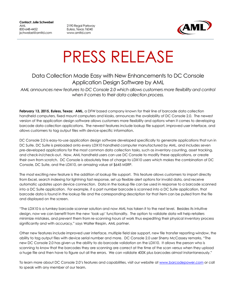 PRESS RELEASE Application Design Software by AML Manualzz