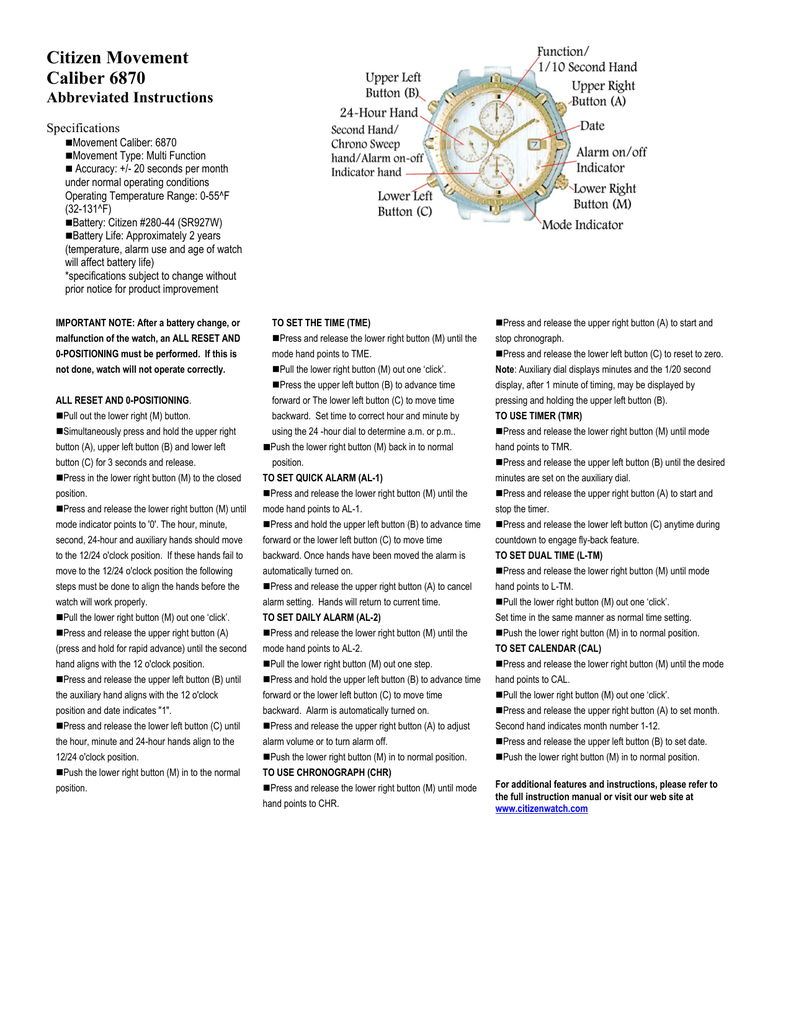 Citizen Movement Caliber 6870 Manualzz