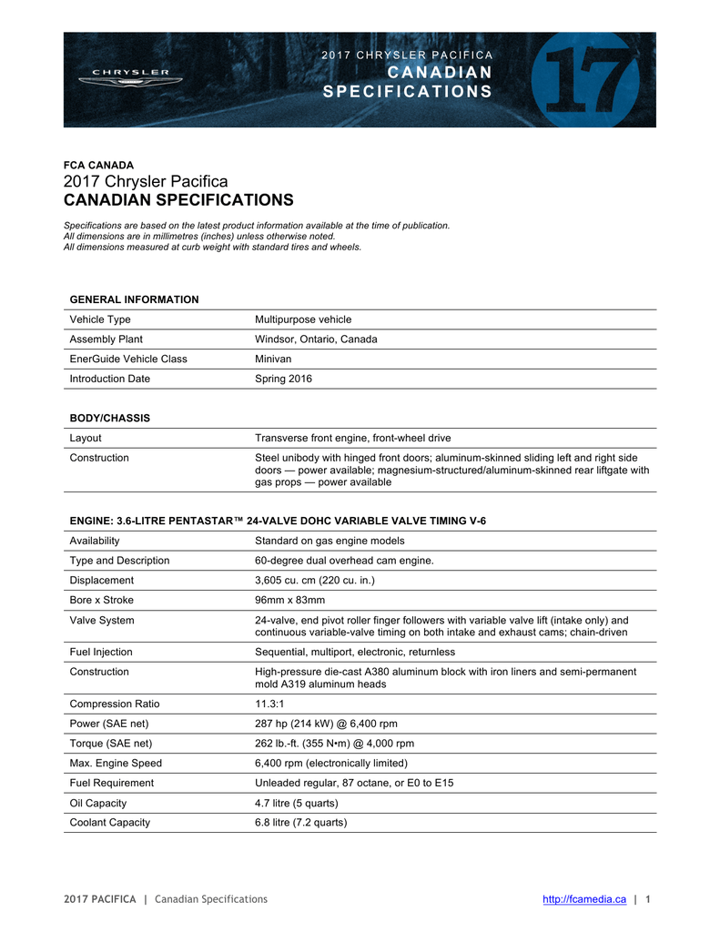 Canadian Specifications 2017 Chrysler Pacifica Canadian | Manualzz