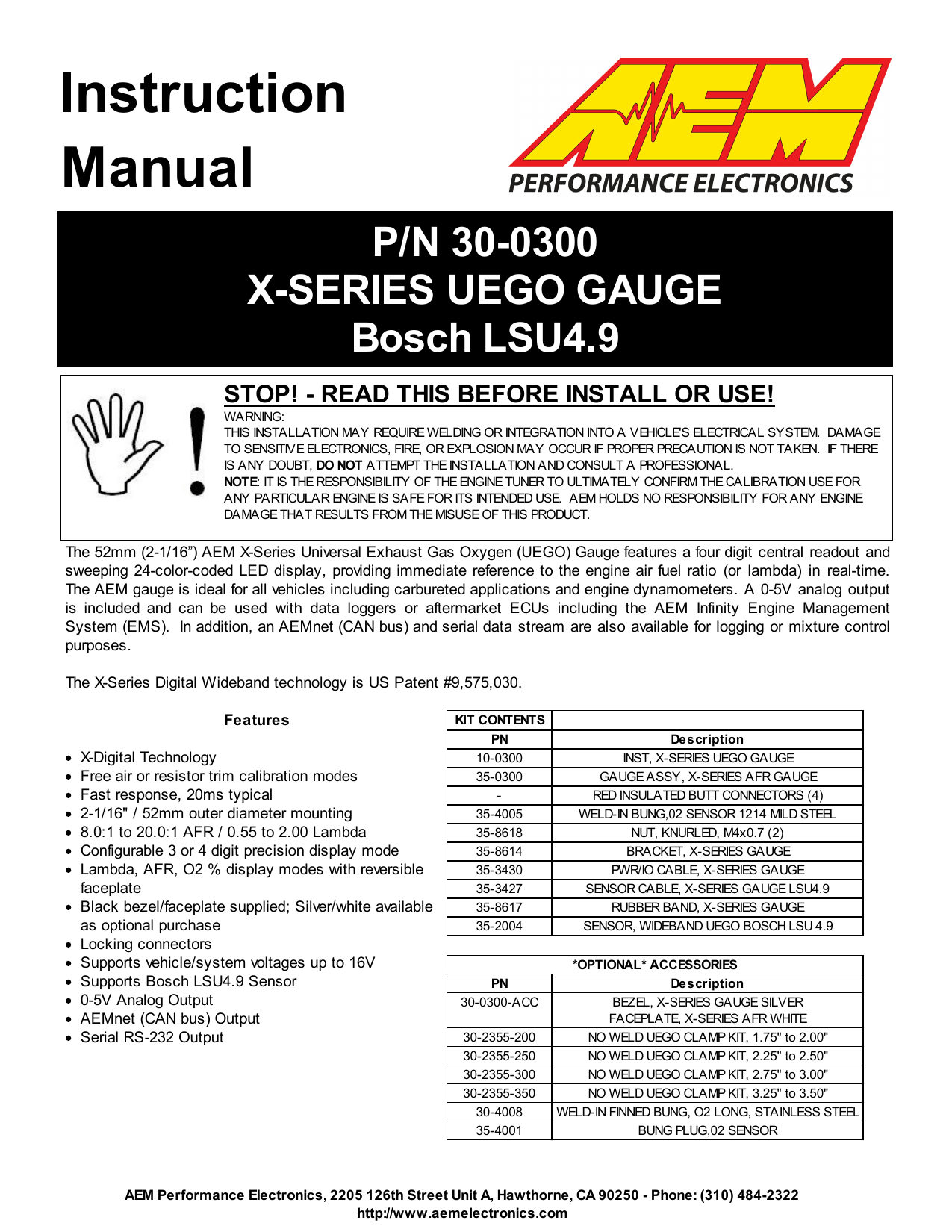 Aem 30-0300 X-Series Wideband Uego Afr Sensor Controller Gauge Instructions | Manualzz