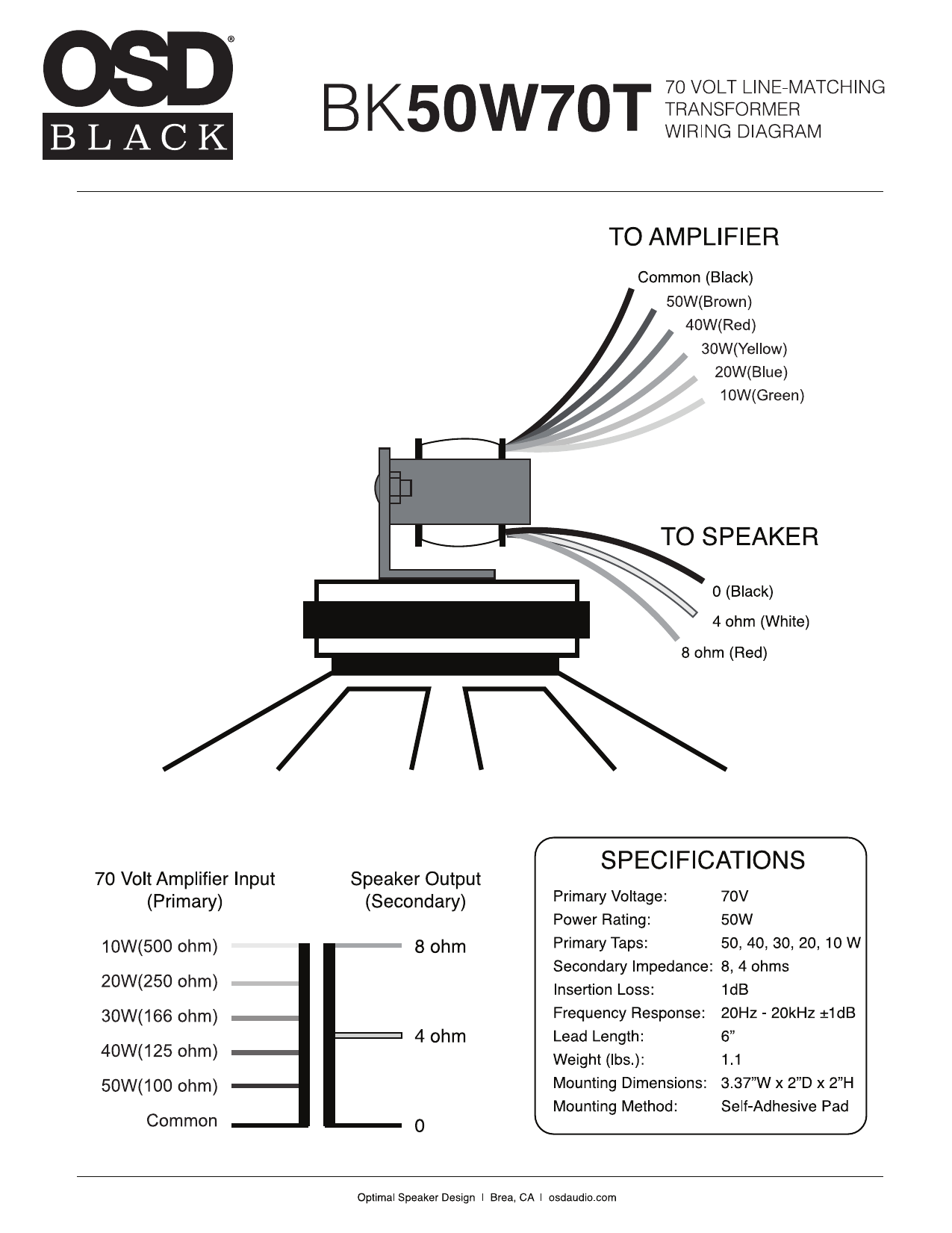 Osd Audio Osd Black 50W70T Commercial Distribution Line Matching In-Door 70V Transformer Owner's Manual | Manualzz