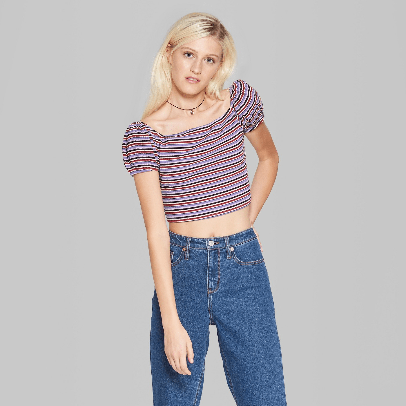 Wild Fable + Striped Short Balloon Sleeve Cropped Top