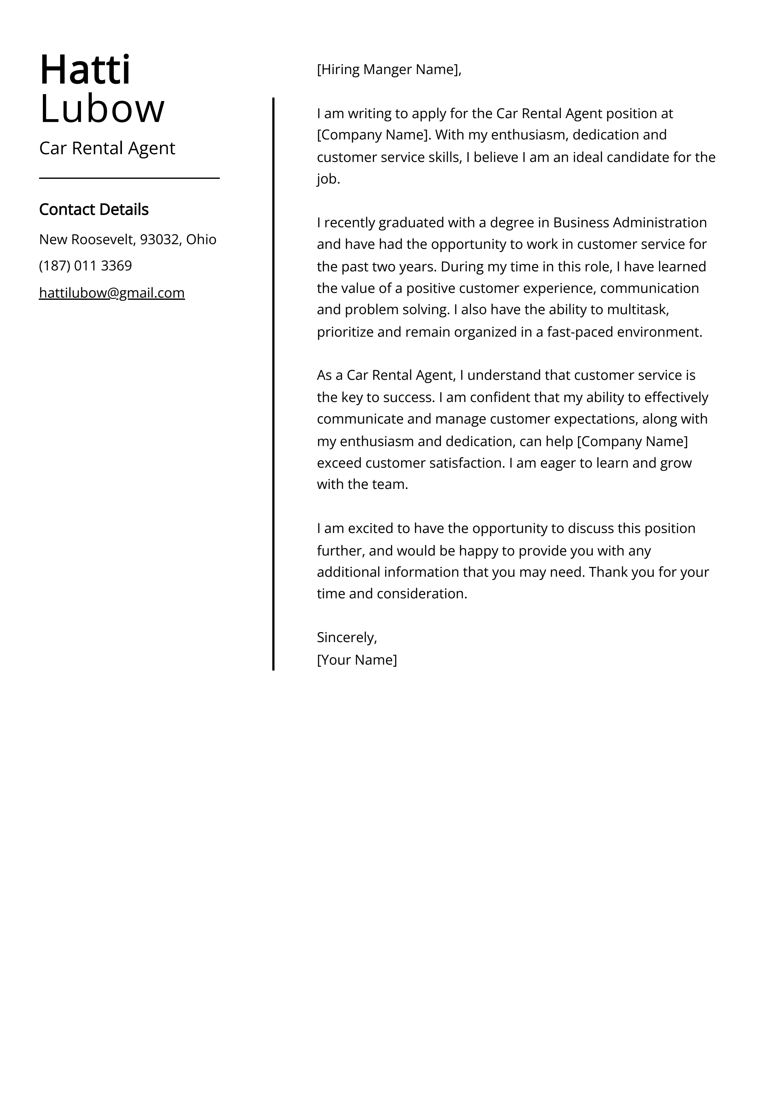 Car Rental Agent Cover Letter Example (Free Guide)