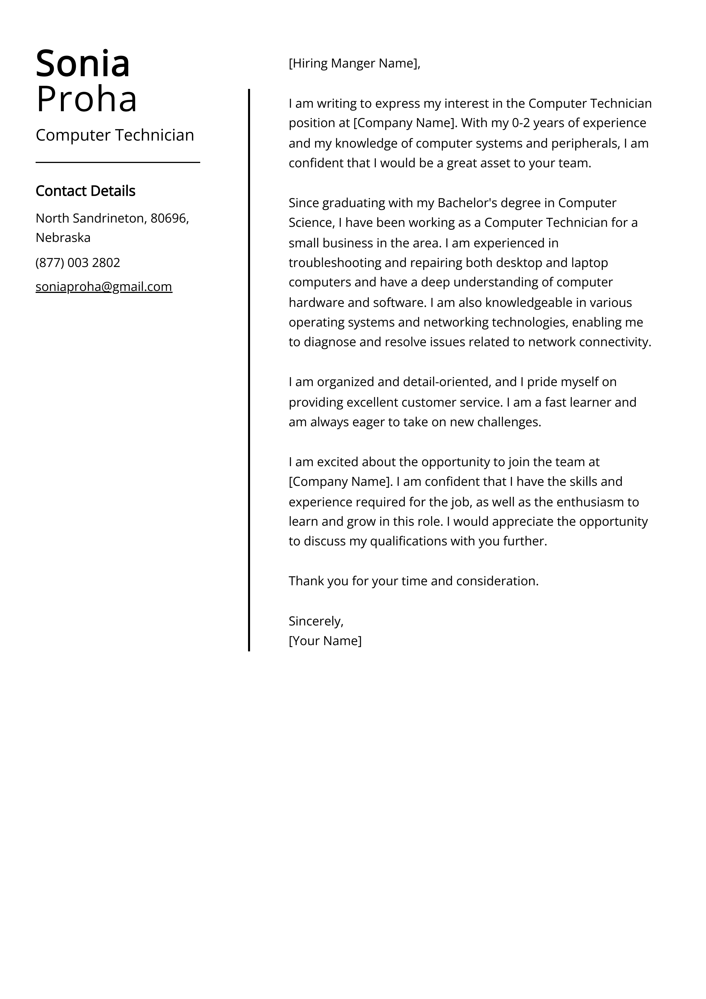 Computer Technician Cover Letter Example (Free Guide)