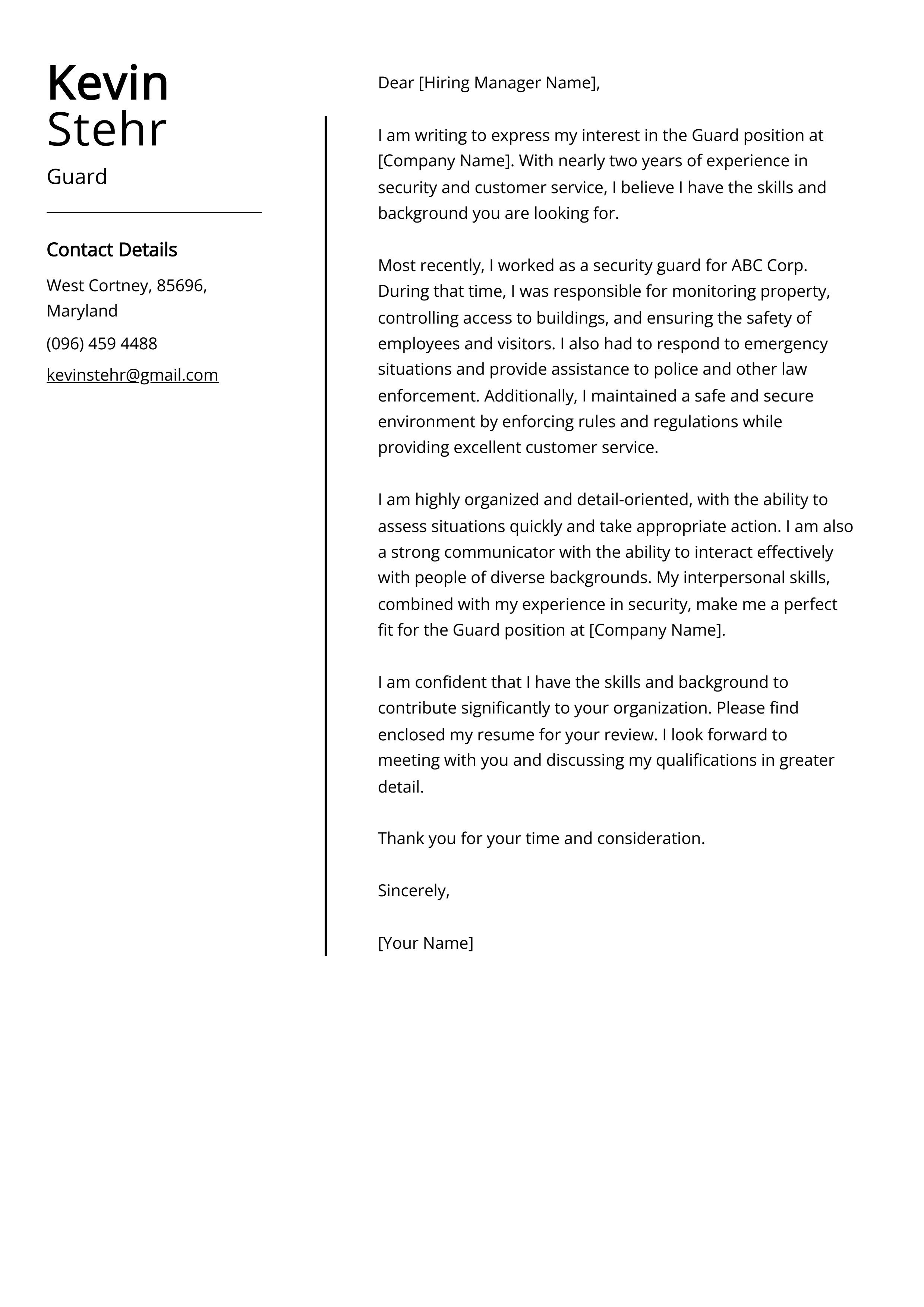Experienced Guard Cover Letter Example (Free Guide)