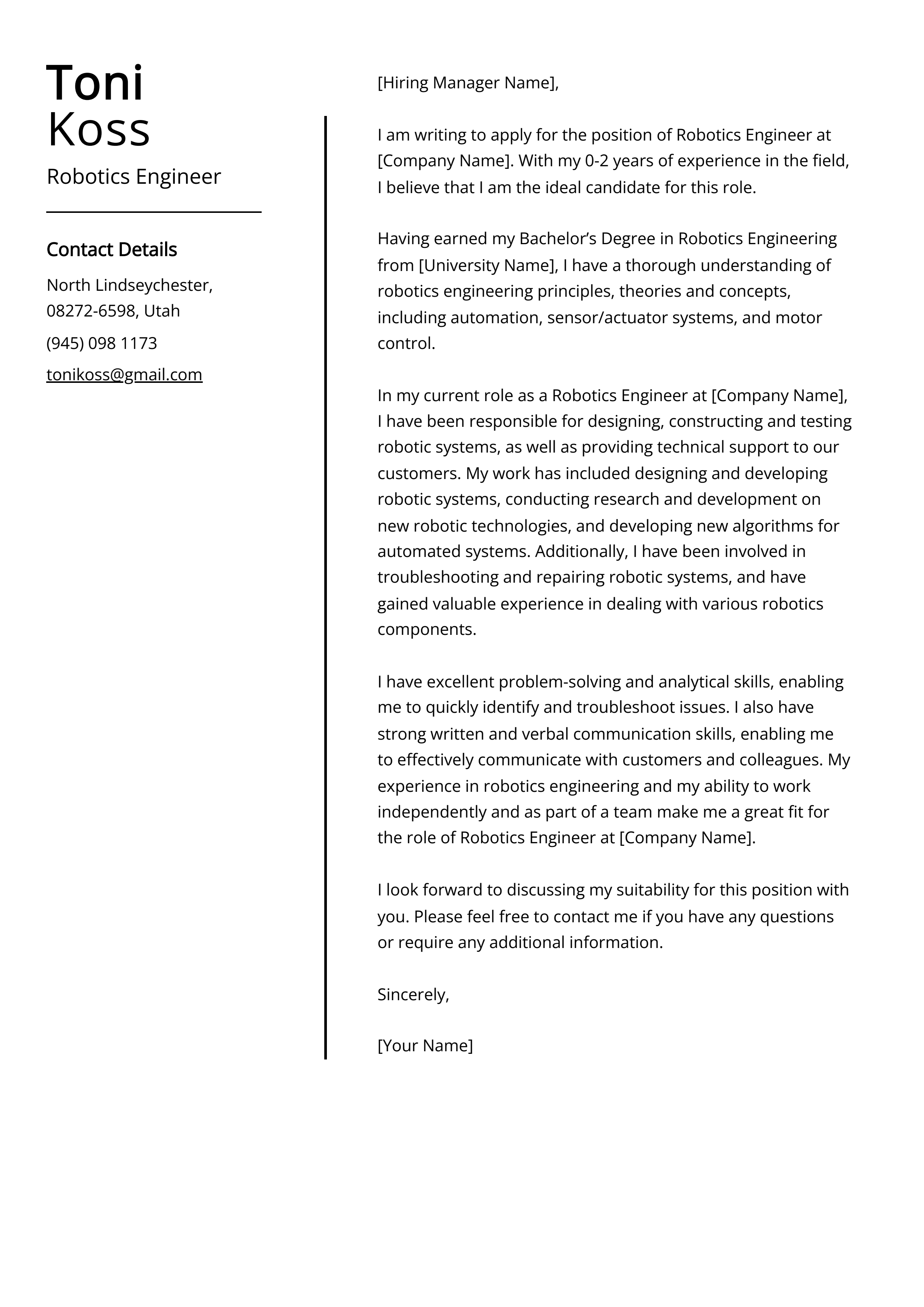 Robotics Engineer Cover Letter Examples (Template & 20+ Tips)