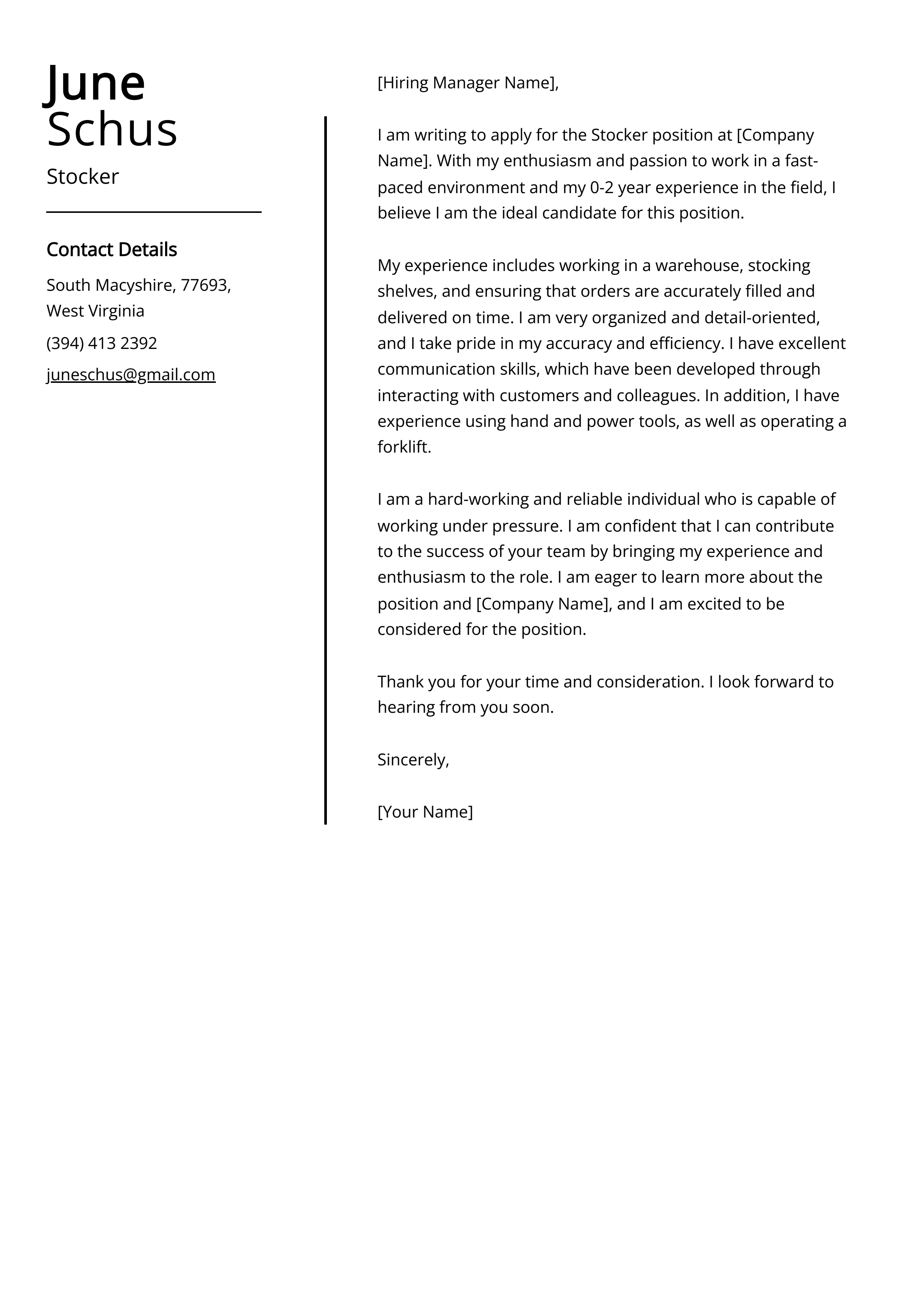 Stocker Cover Letter Examples (Template & 20+ Tips)