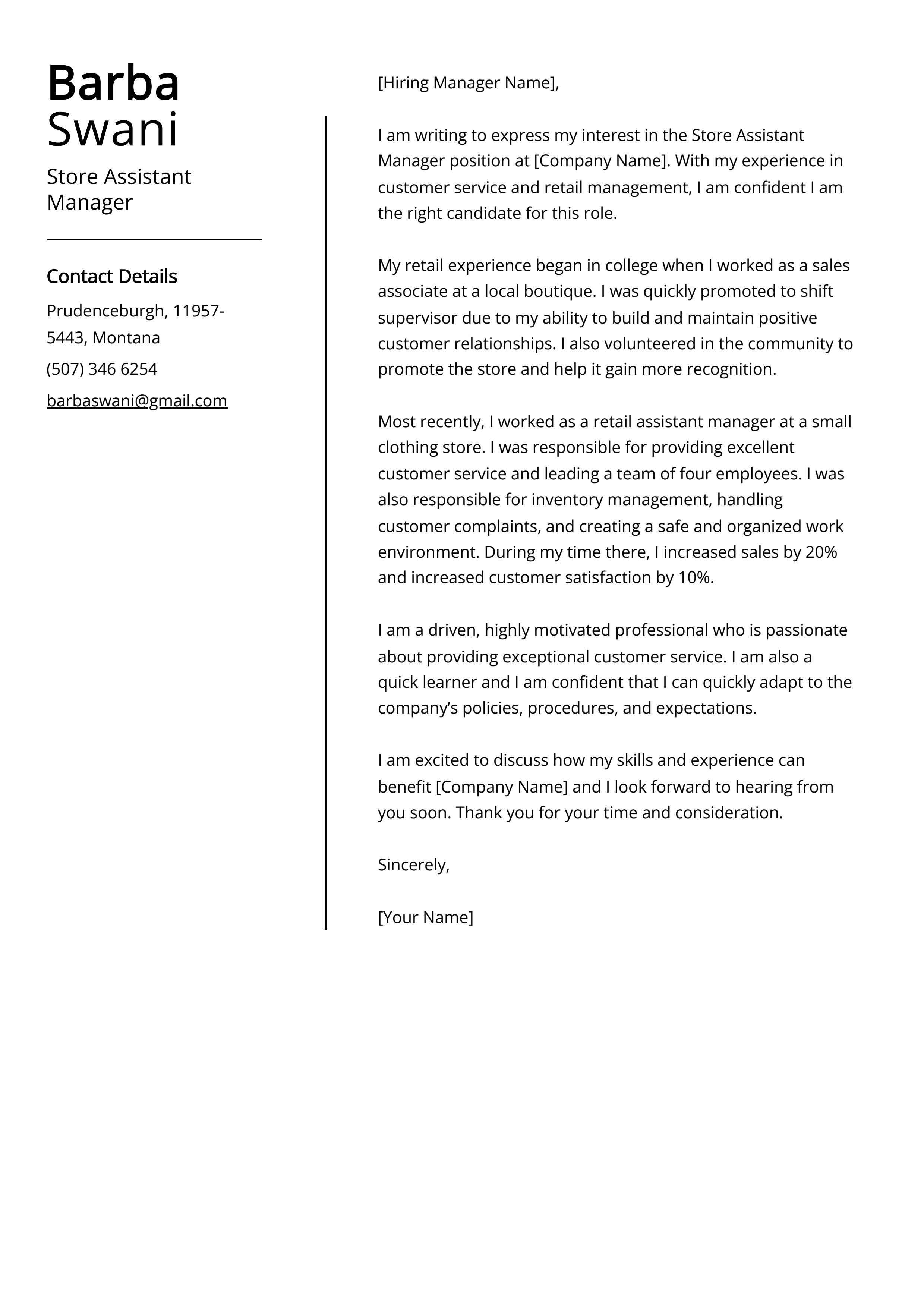 Store Assistant Manager Cover Letter Example (Free Guide)